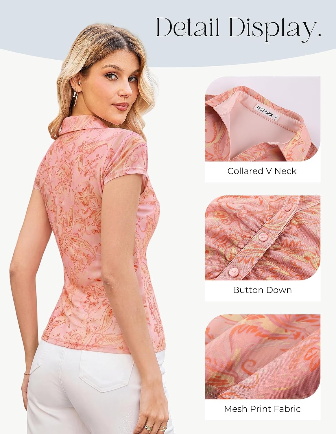 image:imageGRACE KARIN 2026 Women Mesh Boho Tops Dressy Casual Floral Work Blouses Short Sleeve Top Button Down Collared Shirts V Neck Slim Fit Ruched Fashion Summer ClothesPink Yellow
