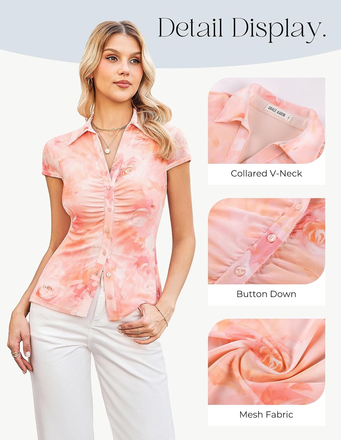 image:imageGRACE KARIN 2026 Women Mesh Boho Tops Dressy Casual Floral Work Blouses Short Sleeve Top Button Down Collared Shirts V Neck Slim Fit Ruched Fashion Summer ClothesPink Orange