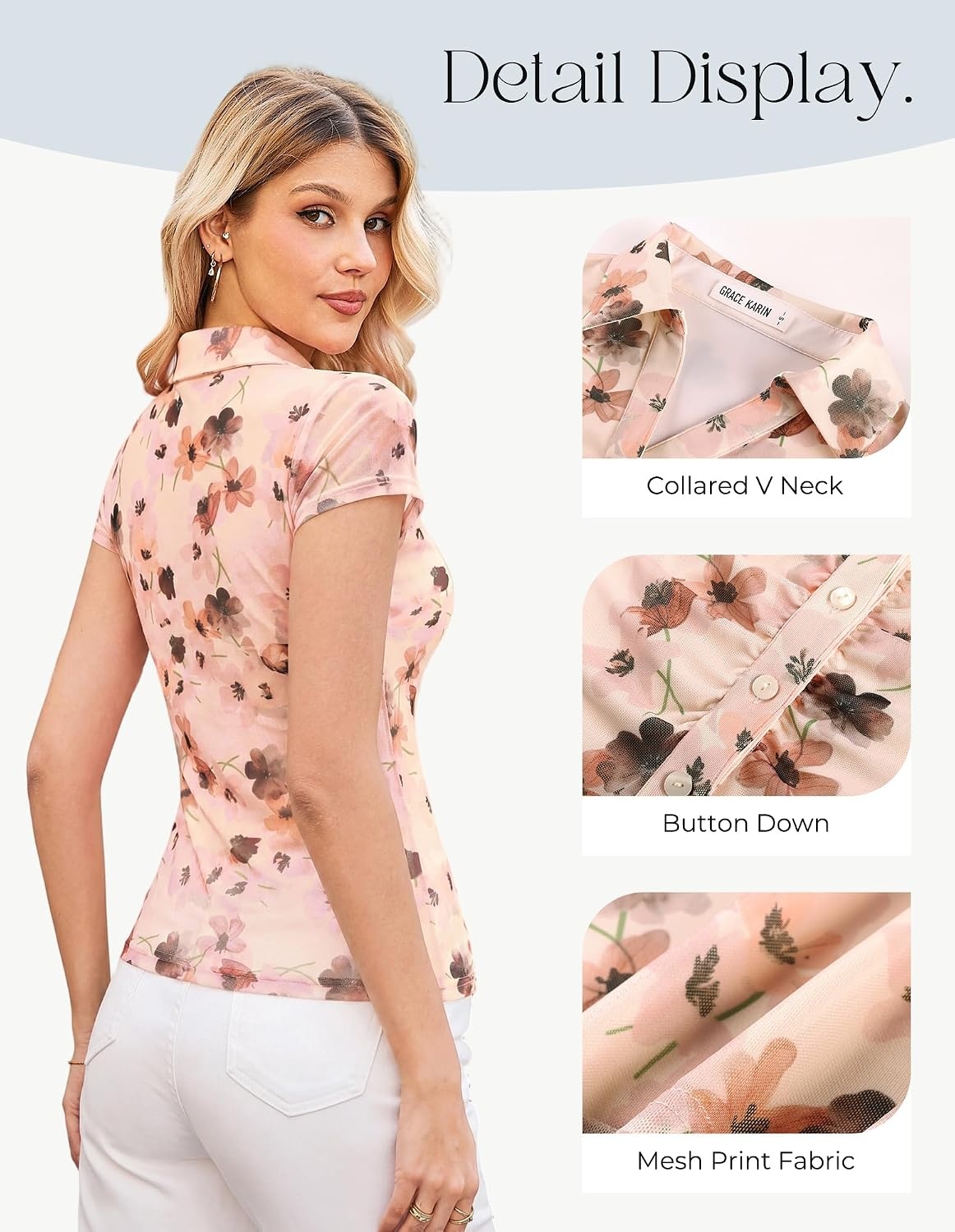 image:imageGRACE KARIN 2026 Women Mesh Boho Tops Dressy Casual Floral Work Blouses Short Sleeve Top Button Down Collared Shirts V Neck Slim Fit Ruched Fashion Summer ClothesApricot Brown