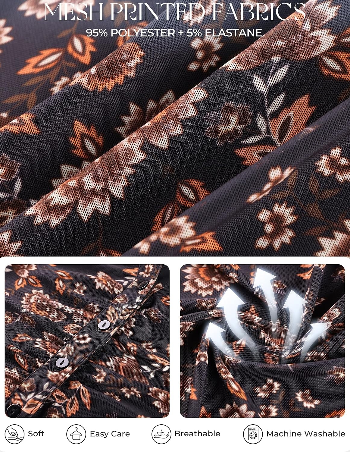 image:imageGRACE KARIN 2026 Women Mesh Boho Tops Dressy Casual Floral Work Blouses Short Sleeve Top Button Down Collared Shirts V Neck Slim Fit Ruched Fashion Summer ClothesBlack Floral