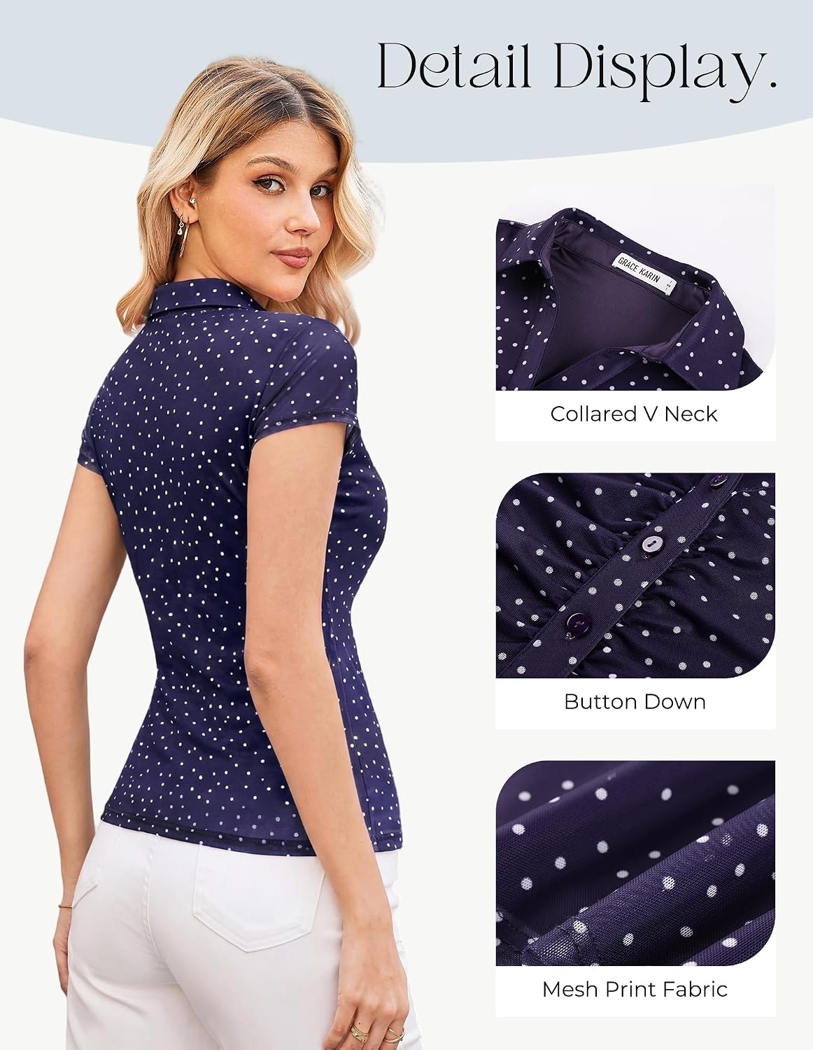image:imageGRACE KARIN 2026 Women Mesh Boho Tops Dressy Casual Floral Work Blouses Short Sleeve Top Button Down Collared Shirts V Neck Slim Fit Ruched Fashion Summer ClothesNavy Blue Polka Dot