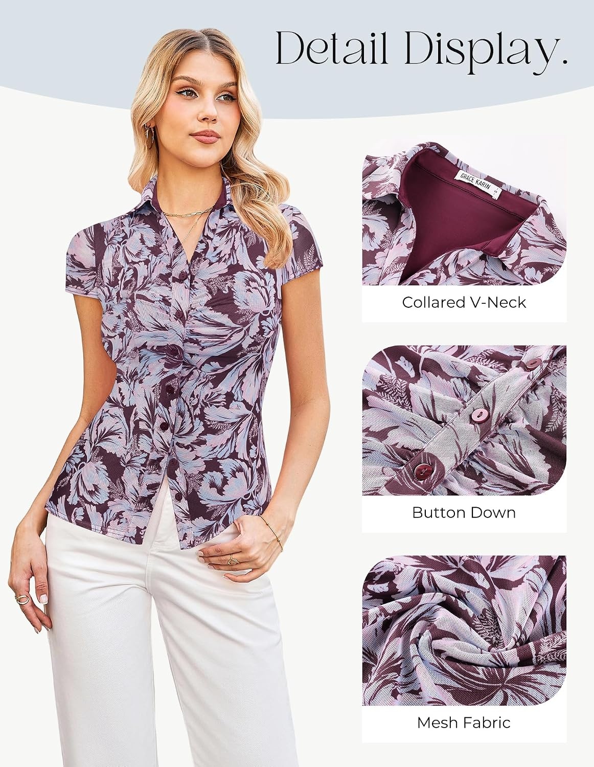 image:imageGRACE KARIN 2026 Women Mesh Boho Tops Dressy Casual Floral Work Blouses Short Sleeve Top Button Down Collared Shirts V Neck Slim Fit Ruched Fashion Summer ClothesMulti Purple