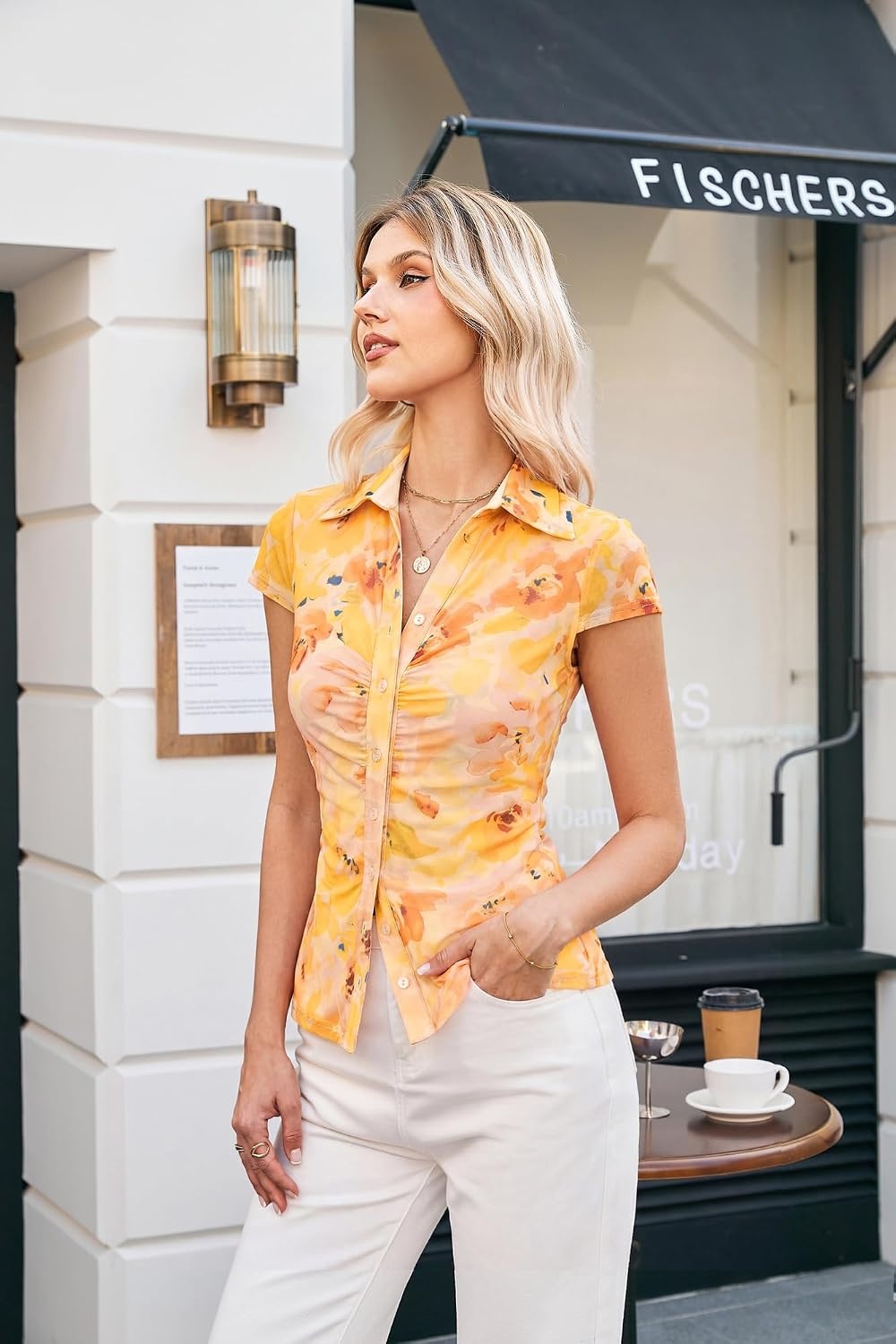 image:imageGRACE KARIN 2026 Women Mesh Boho Tops Dressy Casual Floral Work Blouses Short Sleeve Top Button Down Collared Shirts V Neck Slim Fit Ruched Fashion Summer ClothesYellow Orange