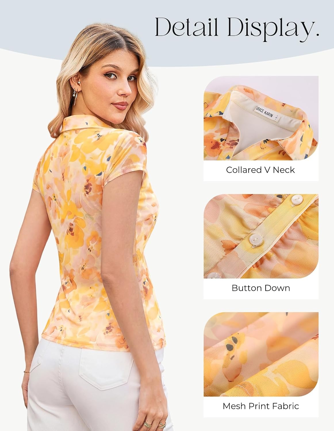 image:imageGRACE KARIN 2026 Women Mesh Boho Tops Dressy Casual Floral Work Blouses Short Sleeve Top Button Down Collared Shirts V Neck Slim Fit Ruched Fashion Summer ClothesYellow Orange