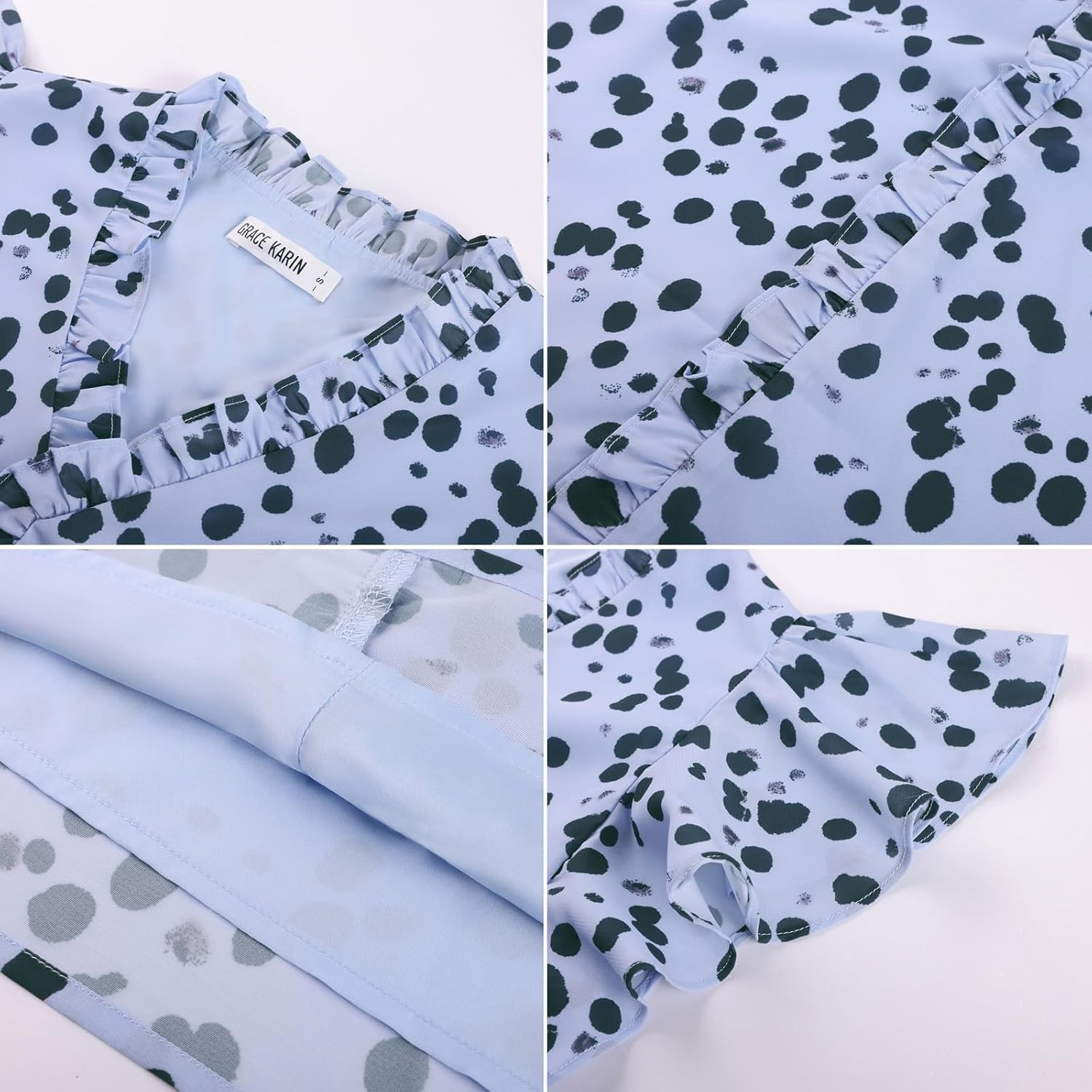 image:imageGRACE KARIN 2026 Womens Boho Tops Dressy Casual Ruffle Chiffon Blouses Flutter Sleeve Floral Shirts V Neck Summer Fashion Clothes Business Work TopsBlue Polka Dot