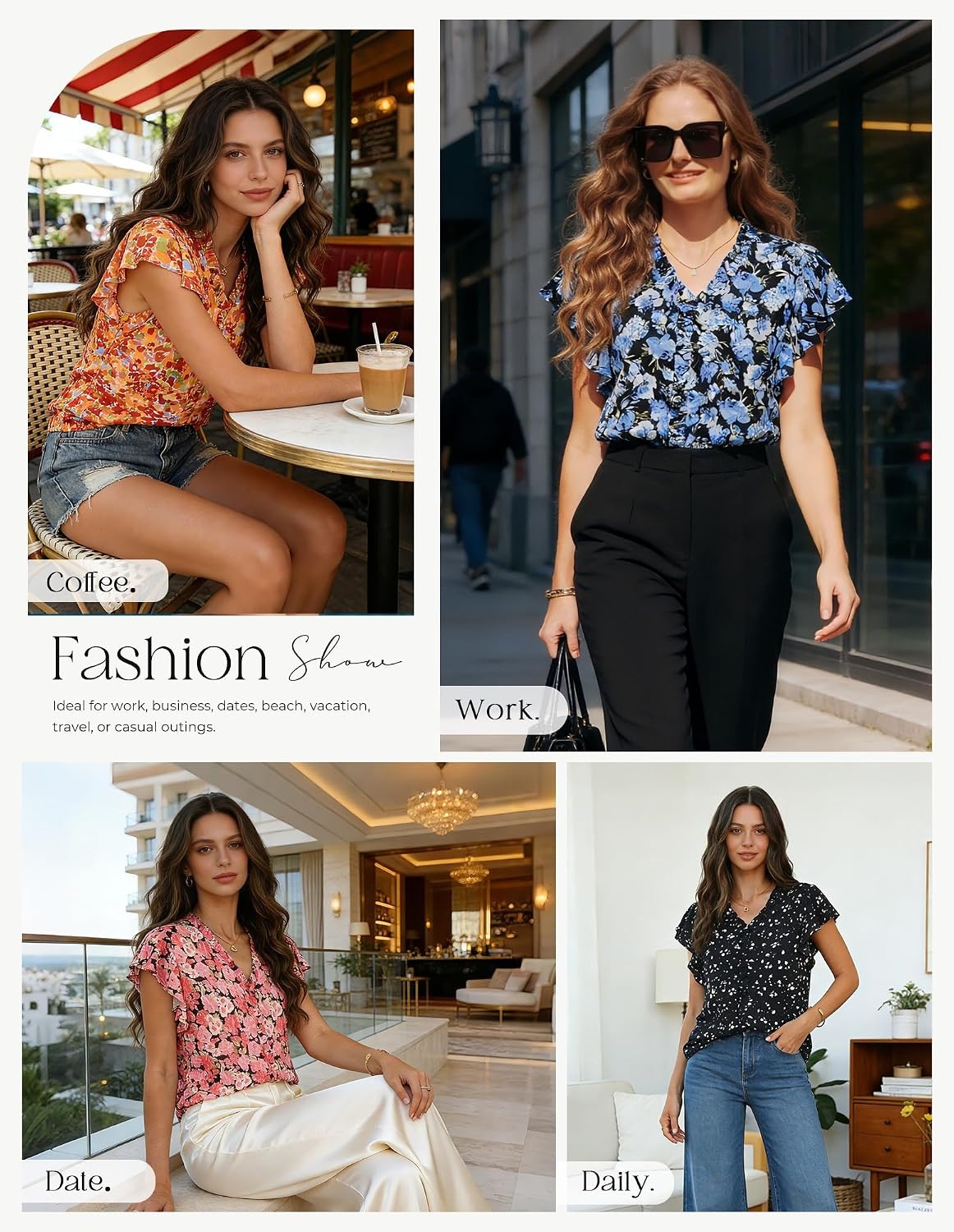 image:imageGRACE KARIN 2026 Womens Boho Tops Dressy Casual Ruffle Chiffon Blouses Flutter Sleeve Floral Shirts V Neck Summer Fashion Clothes Business Work TopsBlack
