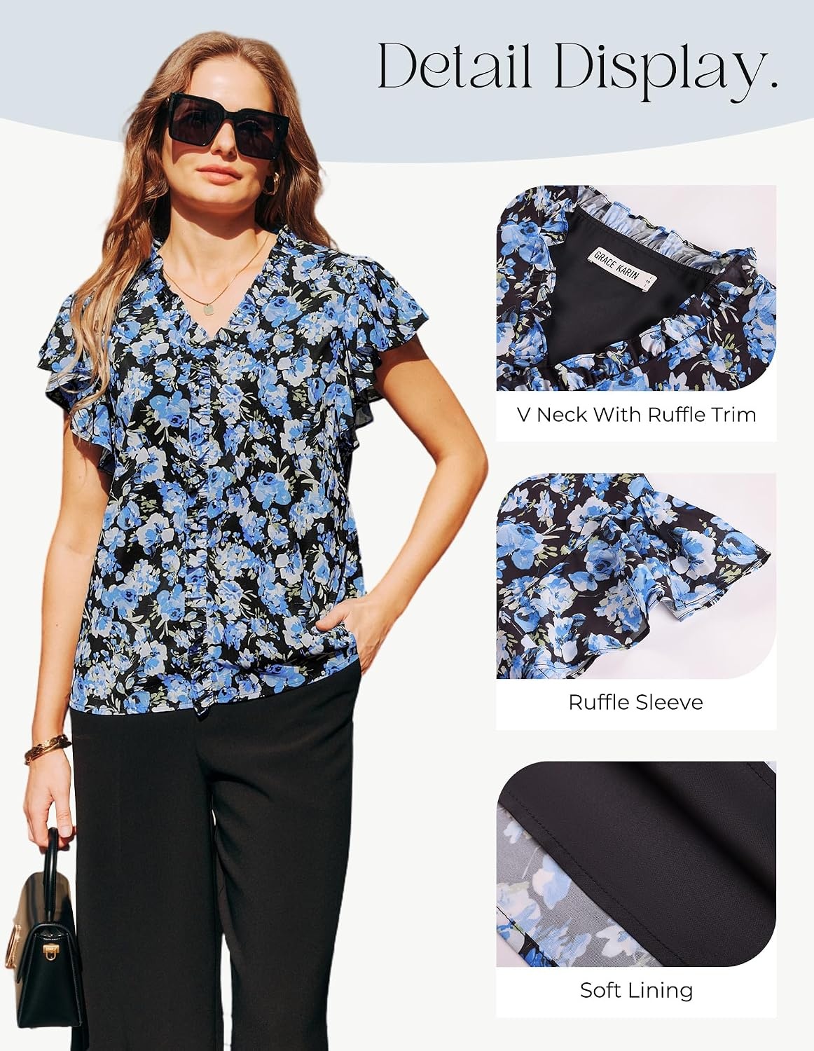 image:imageGRACE KARIN 2026 Womens Boho Tops Dressy Casual Ruffle Chiffon Blouses Flutter Sleeve Floral Shirts V Neck Summer Fashion Clothes Business Work TopsBlue Black