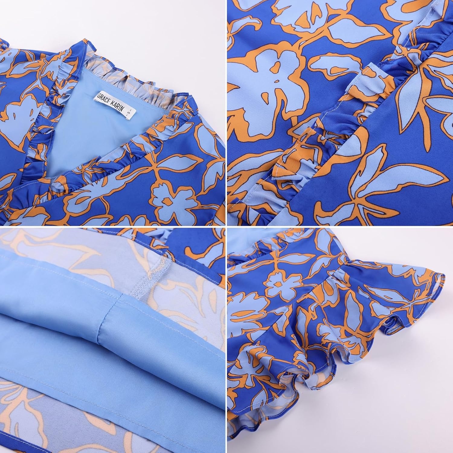 image:imageGRACE KARIN 2026 Womens Boho Tops Dressy Casual Ruffle Chiffon Blouses Flutter Sleeve Floral Shirts V Neck Summer Fashion Clothes Business Work TopsBlue Orange