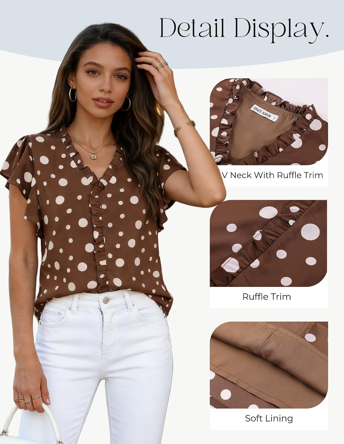 image:imageGRACE KARIN 2026 Womens Boho Tops Dressy Casual Ruffle Chiffon Blouses Flutter Sleeve Floral Shirts V Neck Summer Fashion Clothes Business Work TopsChestnut