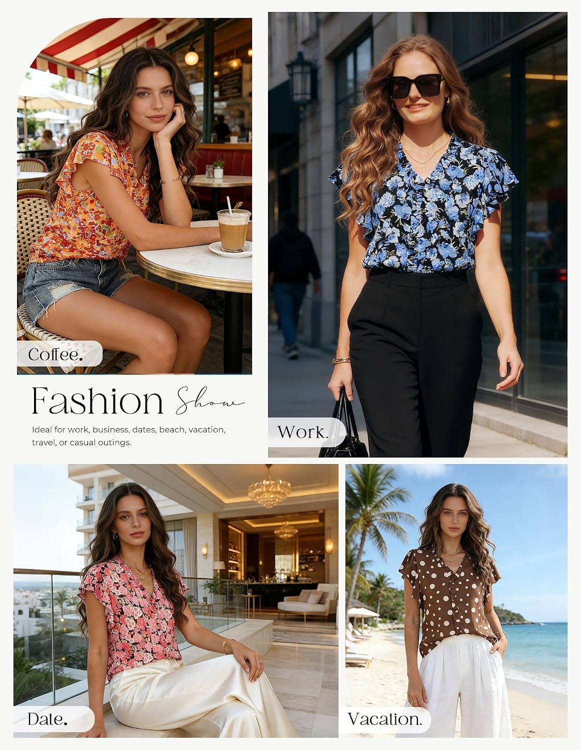 image:imageGRACE KARIN 2026 Womens Boho Tops Dressy Casual Ruffle Chiffon Blouses Flutter Sleeve Floral Shirts V Neck Summer Fashion Clothes Business Work TopsChestnut