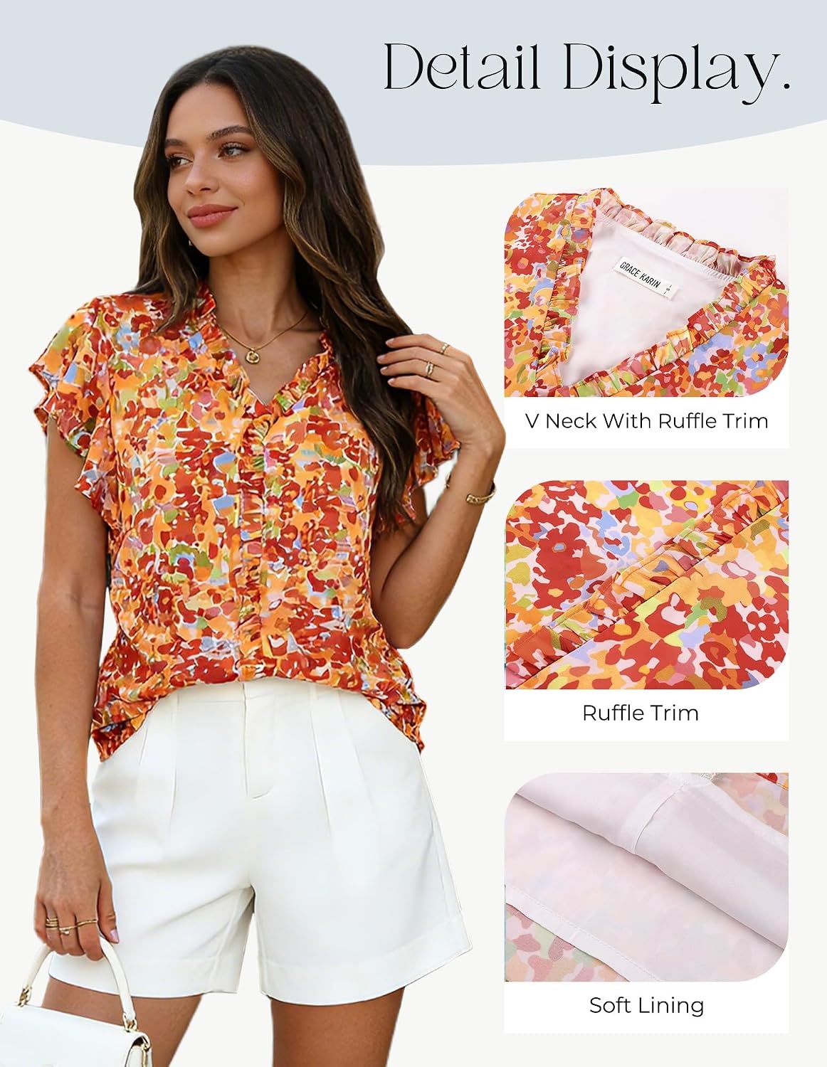 image:imageGRACE KARIN 2026 Womens Boho Tops Dressy Casual Ruffle Chiffon Blouses Flutter Sleeve Floral Shirts V Neck Summer Fashion Clothes Business Work TopsOrange