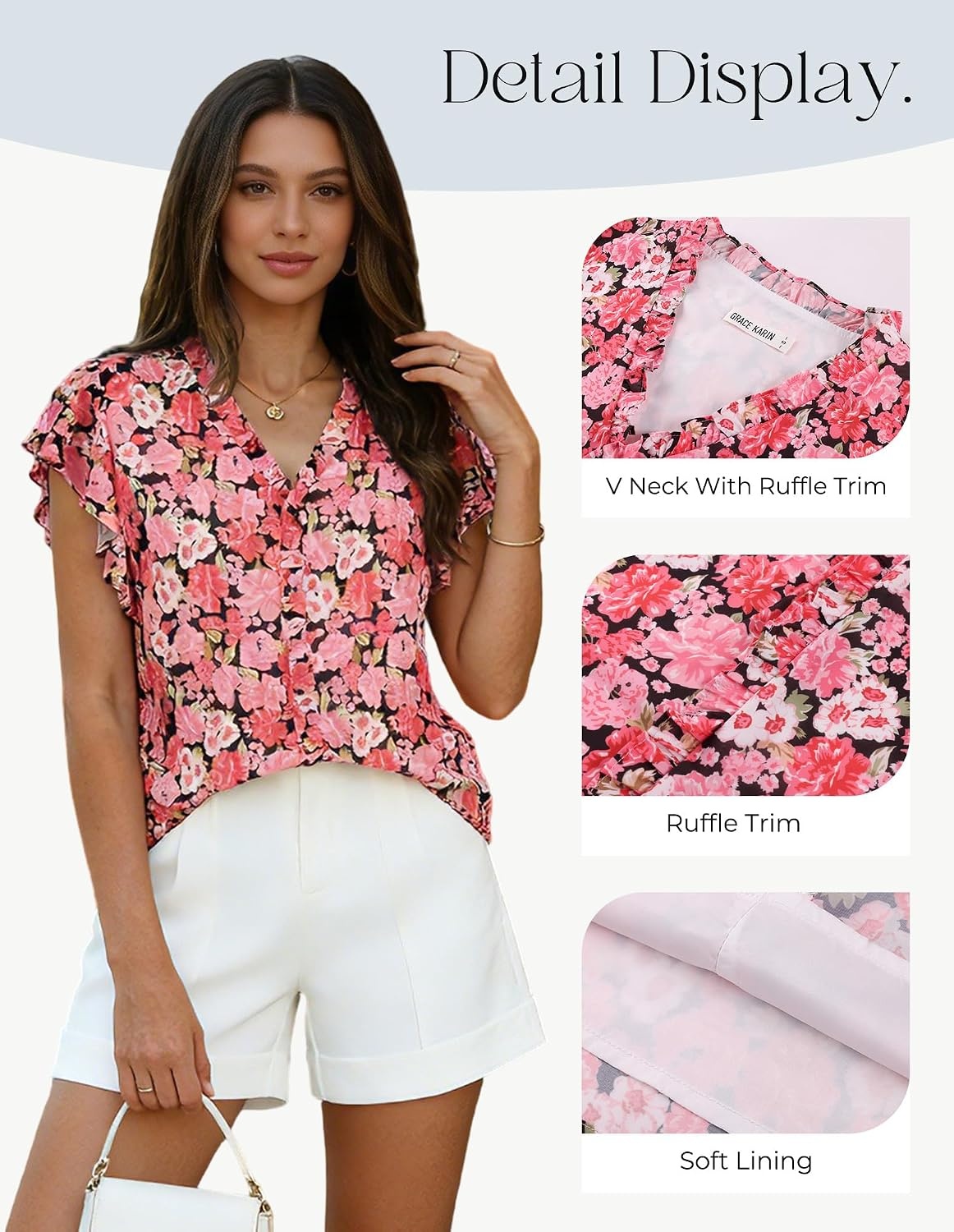 image:imageGRACE KARIN 2026 Womens Boho Tops Dressy Casual Ruffle Chiffon Blouses Flutter Sleeve Floral Shirts V Neck Summer Fashion Clothes Business Work TopsPink Rose