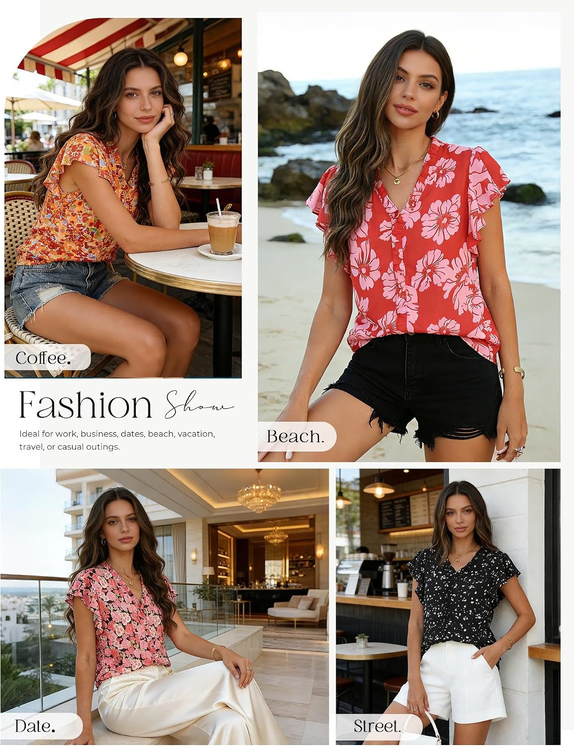 image:imageGRACE KARIN 2026 Womens Boho Tops Dressy Casual Ruffle Chiffon Blouses Flutter Sleeve Floral Shirts V Neck Summer Fashion Clothes Business Work TopsRed Pink