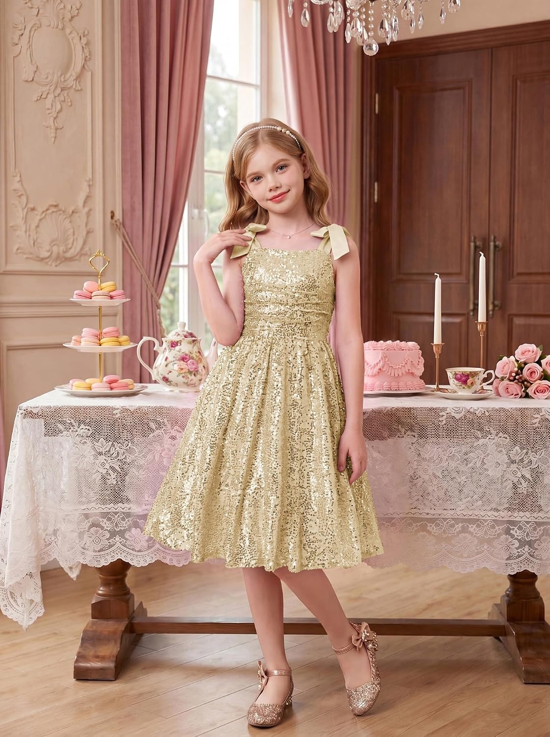 image:imageGRACE KARIN Girls Sequin Dress Halter Tie Back Tween Party Fancy Gown 714 Sparkle ALine Sleeveless Prom Birthday Wedding Graduation Flower Girl Pageant Dance Formal Homecoming Princess Party OutfitGold Sequin