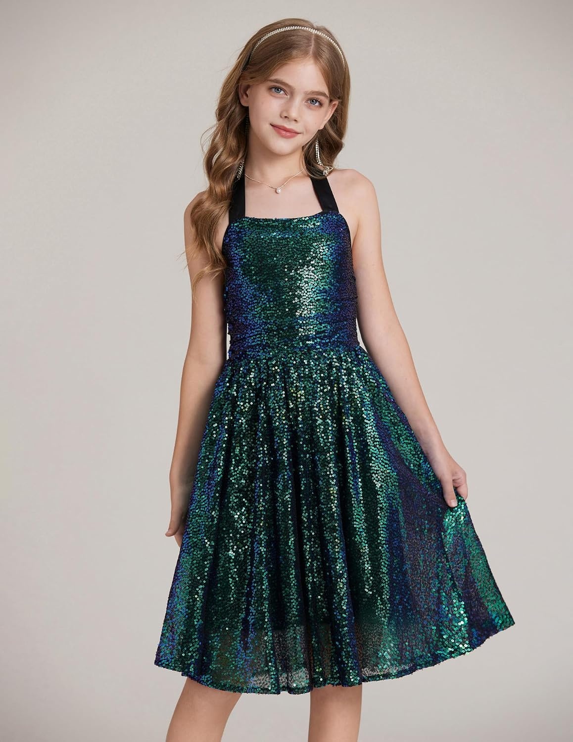 image:imageGRACE KARIN Girls Sequin Dress Halter Tie Back Tween Party Fancy Gown 714 Sparkle ALine Sleeveless Prom Birthday Wedding Graduation Flower Girl Pageant Dance Formal Homecoming Princess Party OutfitGreen Sequin