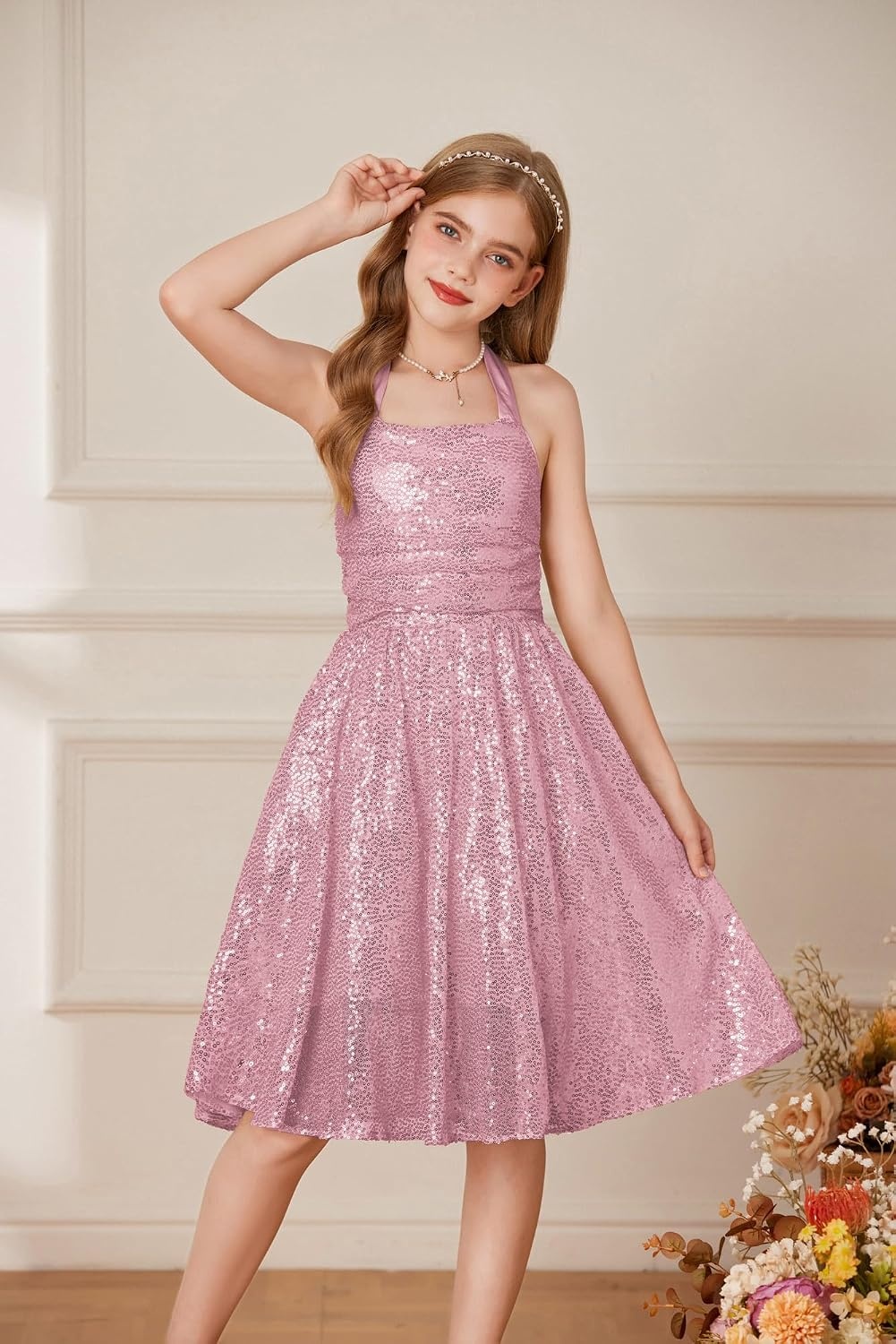 image:imageGRACE KARIN Girls Sequin Dress Halter Tie Back Tween Party Fancy Gown 714 Sparkle ALine Sleeveless Prom Birthday Wedding Graduation Flower Girl Pageant Dance Formal Homecoming Princess Party OutfitPink Sequin