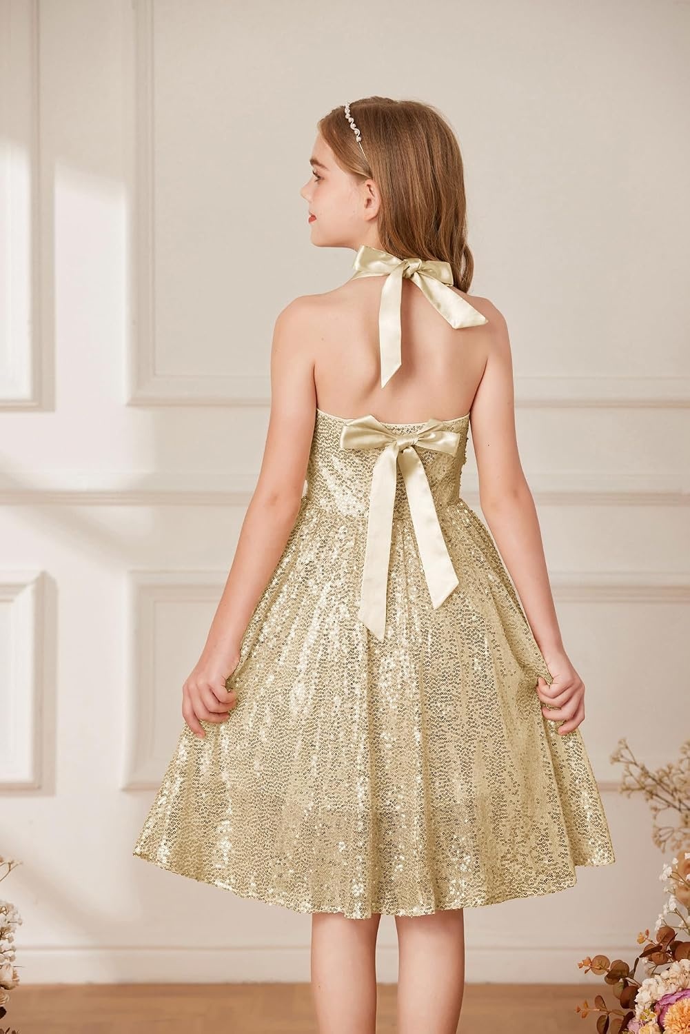 image:imageGRACE KARIN Girls Sequin Dress Halter Tie Back Tween Party Fancy Gown 714 Sparkle ALine Sleeveless Prom Birthday Wedding Graduation Flower Girl Pageant Dance Formal Homecoming Princess Party OutfitGold Sequin