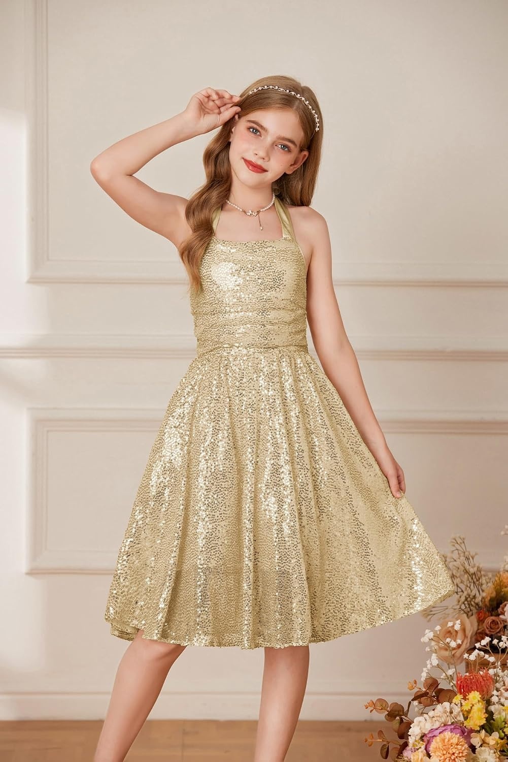 image:imageGRACE KARIN Girls Sequin Dress Halter Tie Back Tween Party Fancy Gown 714 Sparkle ALine Sleeveless Prom Birthday Wedding Graduation Flower Girl Pageant Dance Formal Homecoming Princess Party OutfitGold Sequin
