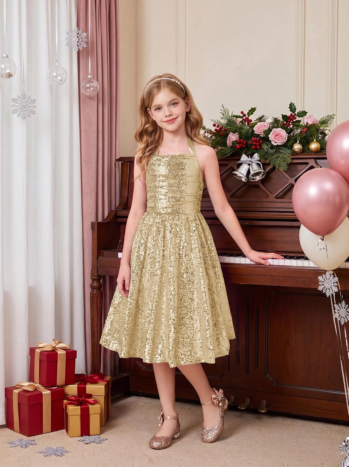 image:imageGRACE KARIN Girls Sequin Dress Halter Tie Back Tween Party Fancy Gown 714 Sparkle ALine Sleeveless Prom Birthday Wedding Graduation Flower Girl Pageant Dance Formal Homecoming Princess Party OutfitGold Sequin