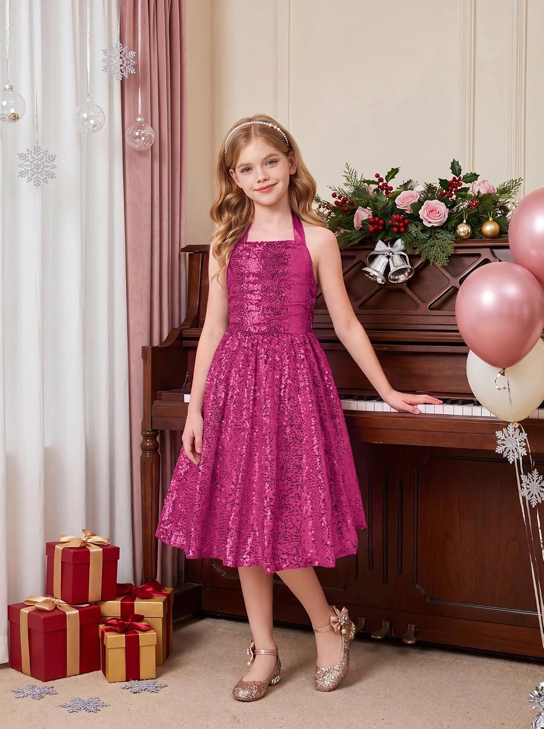 image:imageGRACE KARIN Girls Sequin Dress Halter Tie Back Tween Party Fancy Gown 714 Sparkle ALine Sleeveless Prom Birthday Wedding Graduation Flower Girl Pageant Dance Formal Homecoming Princess Party OutfitHot Pink Sequin