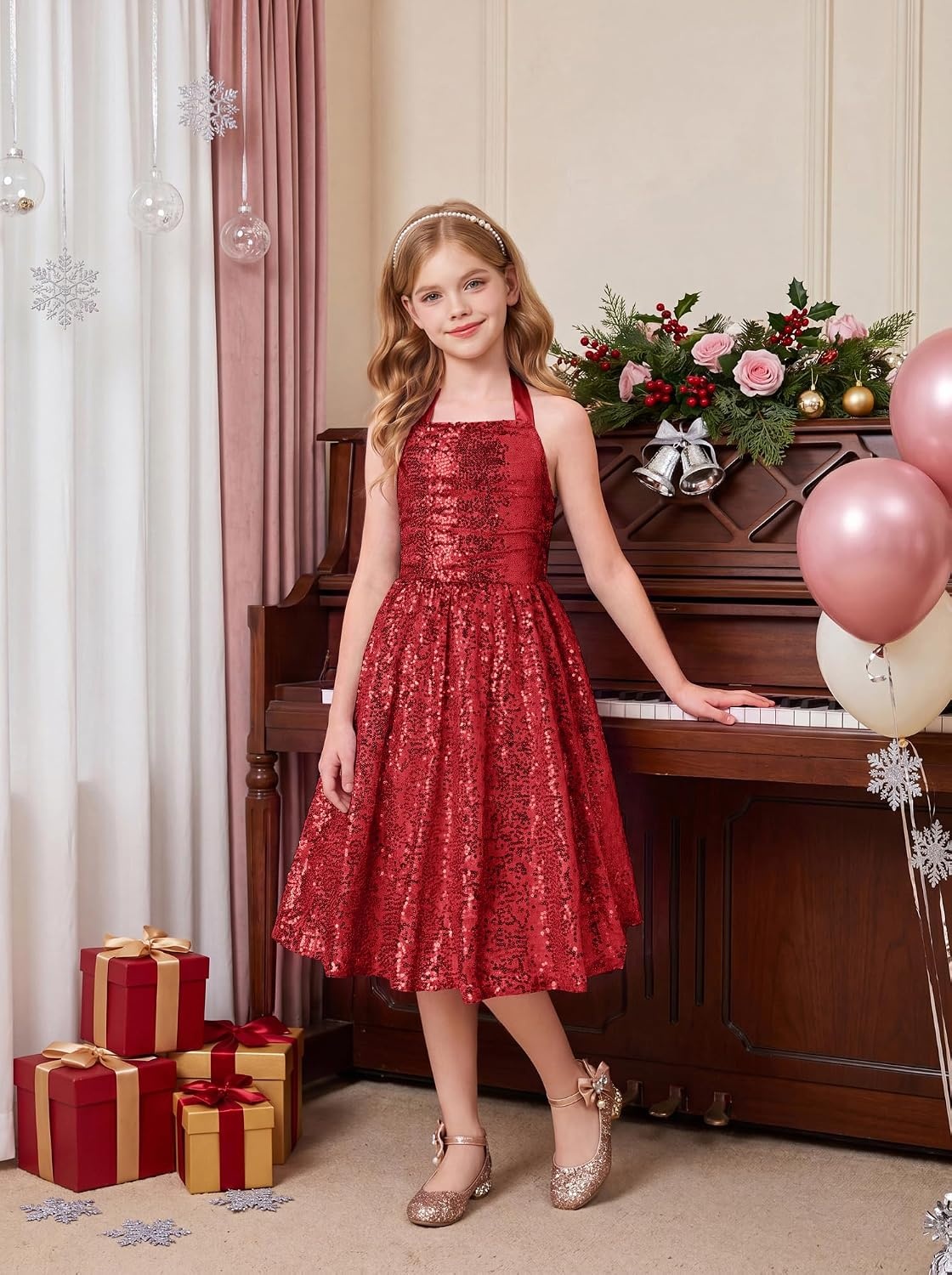 image:imageGRACE KARIN Girls Sequin Dress Halter Tie Back Tween Party Fancy Gown 714 Sparkle ALine Sleeveless Prom Birthday Wedding Graduation Flower Girl Pageant Dance Formal Homecoming Princess Party OutfitRed Sequin