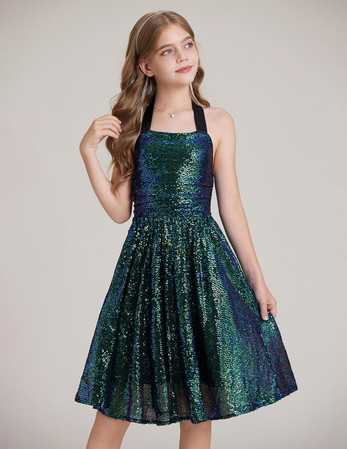 image:imageGRACE KARIN Girls Sequin Dress Halter Tie Back Tween Party Fancy Gown 714 Sparkle ALine Sleeveless Prom Birthday Wedding Graduation Flower Girl Pageant Dance Formal Homecoming Princess Party OutfitGreen Sequin