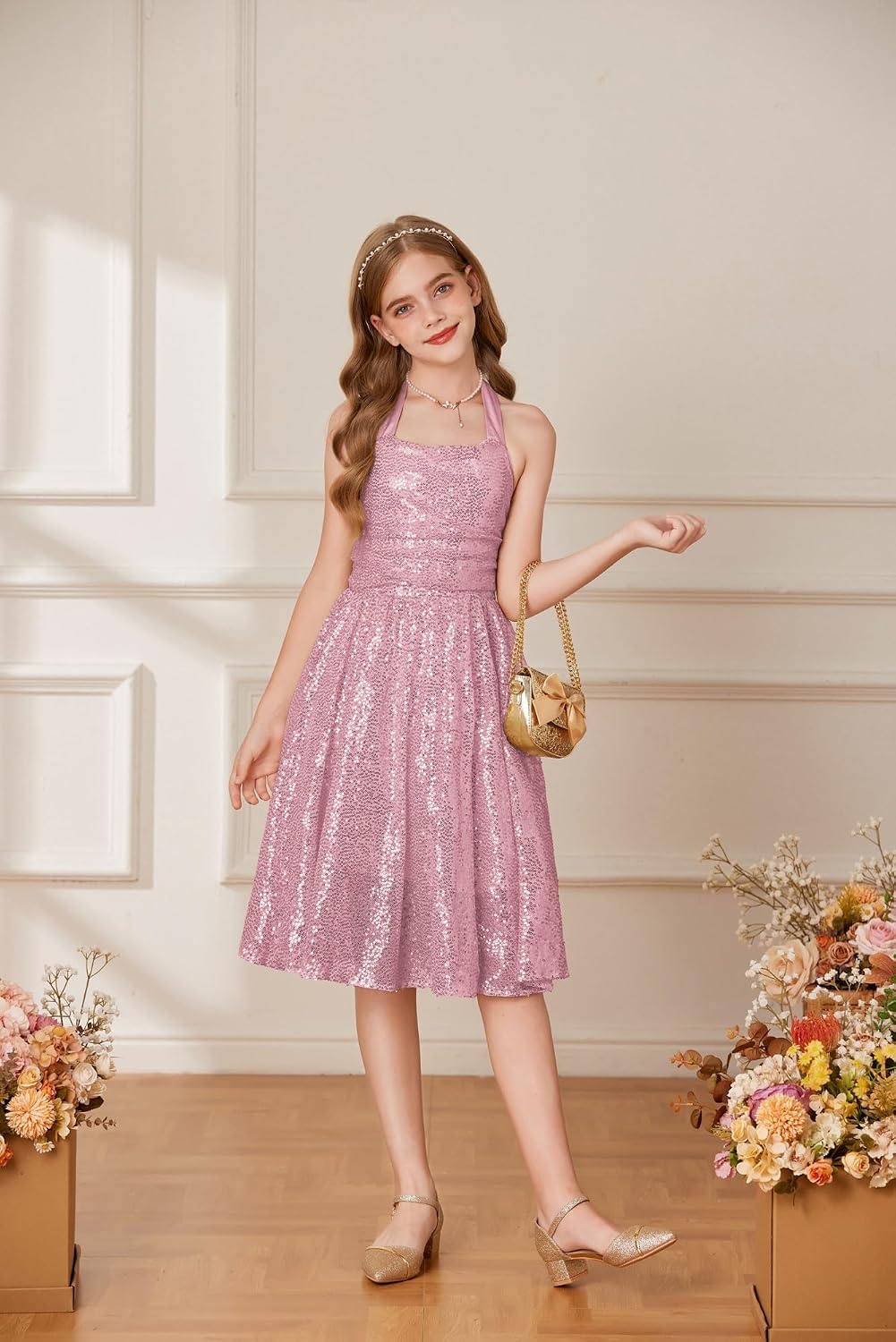 image:imageGRACE KARIN Girls Sequin Dress Halter Tie Back Tween Party Fancy Gown 714 Sparkle ALine Sleeveless Prom Birthday Wedding Graduation Flower Girl Pageant Dance Formal Homecoming Princess Party OutfitPink Sequin