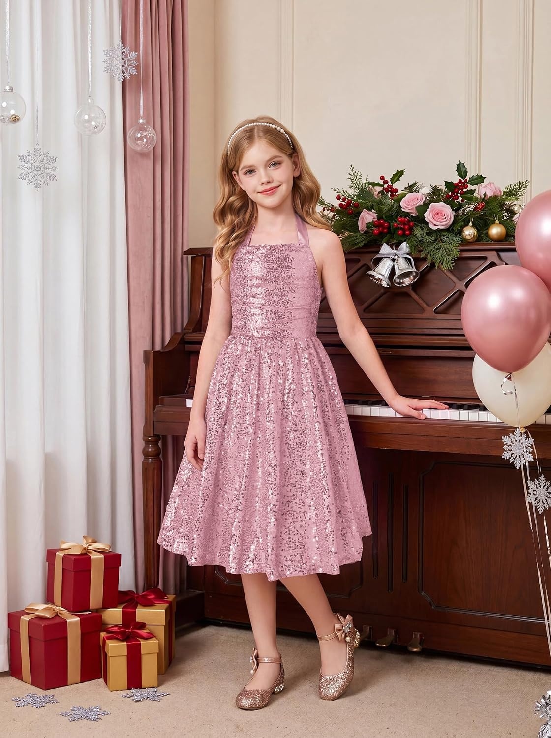 image:imageGRACE KARIN Girls Sequin Dress Halter Tie Back Tween Party Fancy Gown 714 Sparkle ALine Sleeveless Prom Birthday Wedding Graduation Flower Girl Pageant Dance Formal Homecoming Princess Party OutfitPink Sequin