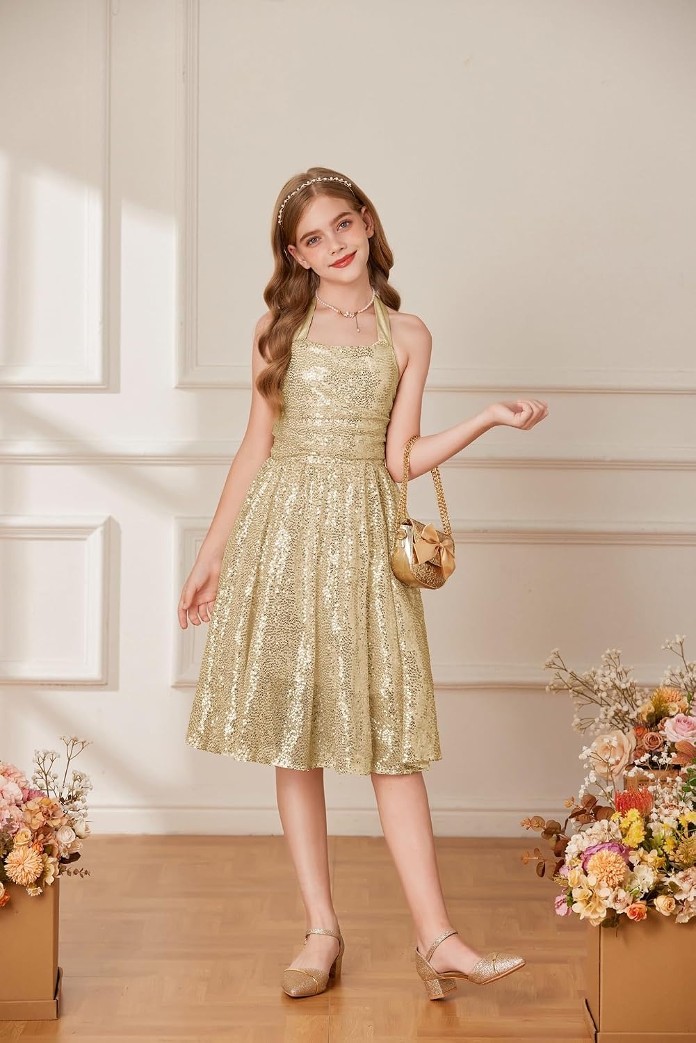 image:imageGRACE KARIN Girls Sequin Dress Halter Tie Back Tween Party Fancy Gown 714 Sparkle ALine Sleeveless Prom Birthday Wedding Graduation Flower Girl Pageant Dance Formal Homecoming Princess Party OutfitGold Sequin