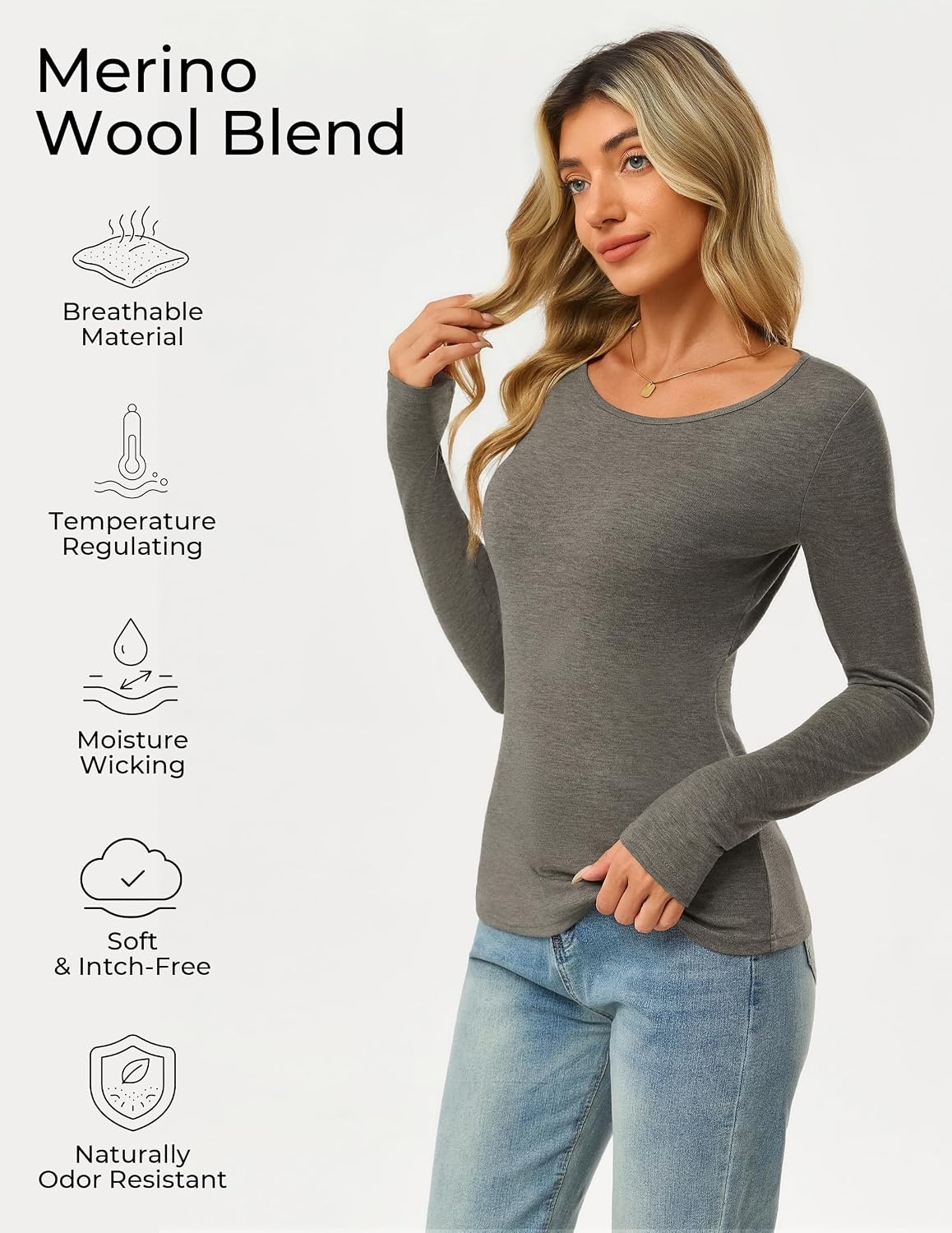image:imageGRACE KARIN Merino Wool Long Sleeve Lightweight Shirt Women Crewneck Basic Fitted TeeThermal Breathable FabricCasual Base LayerSuitable for Workout Going Out Business WearMedium Gray