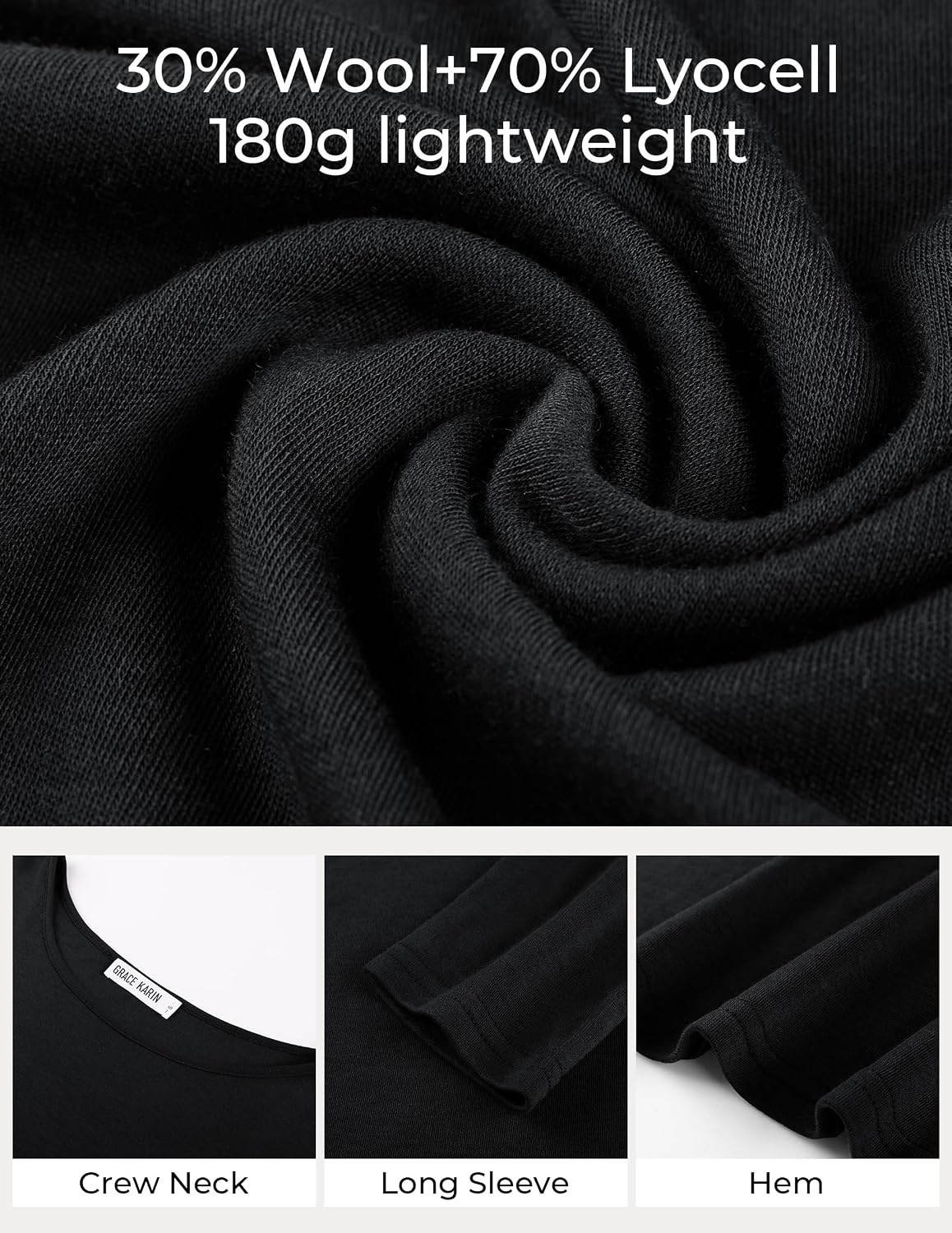 image:imageGRACE KARIN Merino Wool Long Sleeve Lightweight Shirt Women Crewneck Basic Fitted TeeThermal Breathable FabricCasual Base LayerSuitable for Workout Going Out Business WearBlack
