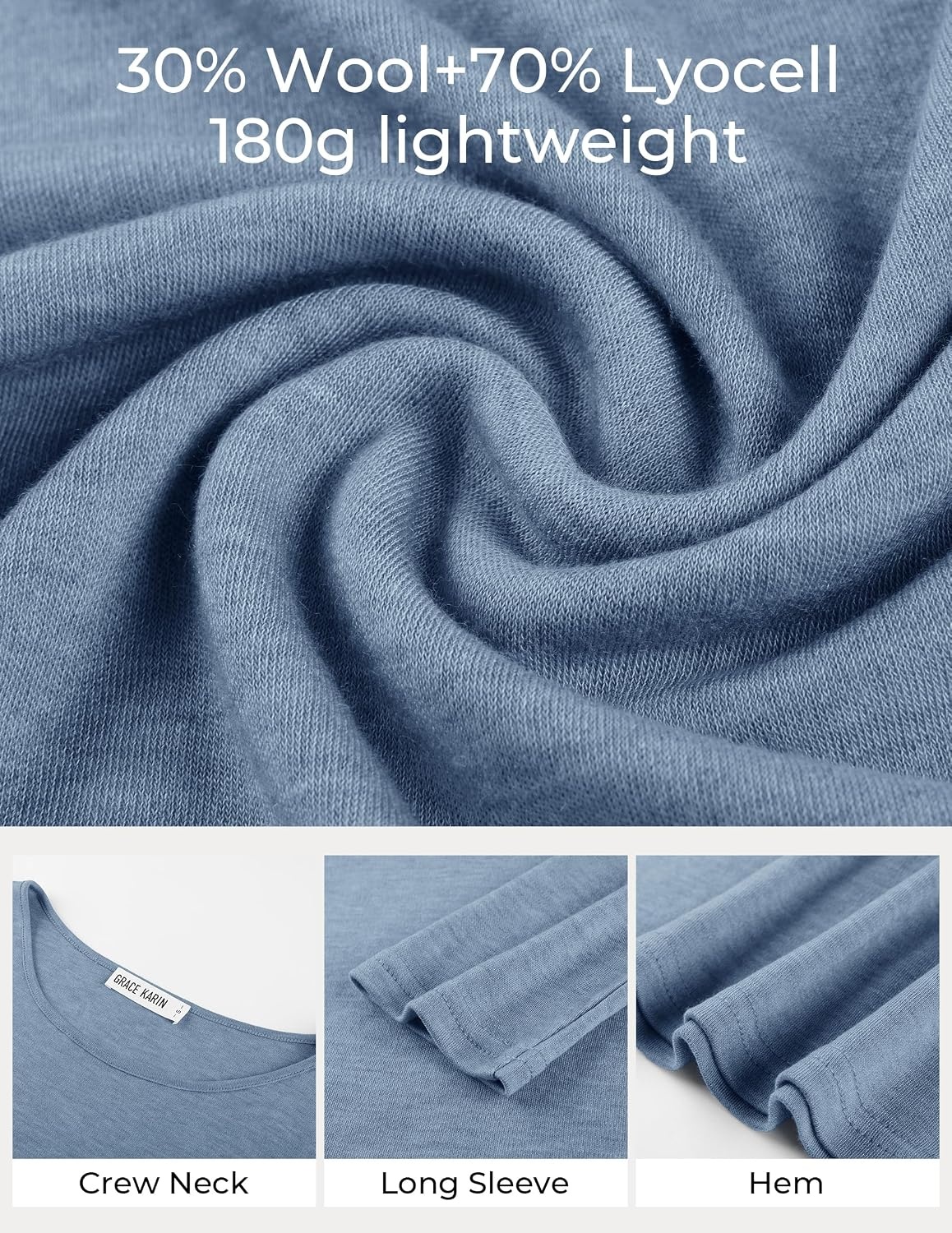image:imageGRACE KARIN Merino Wool Long Sleeve Lightweight Shirt Women Crewneck Basic Fitted TeeThermal Breathable FabricCasual Base LayerSuitable for Workout Going Out Business WearGray Blue