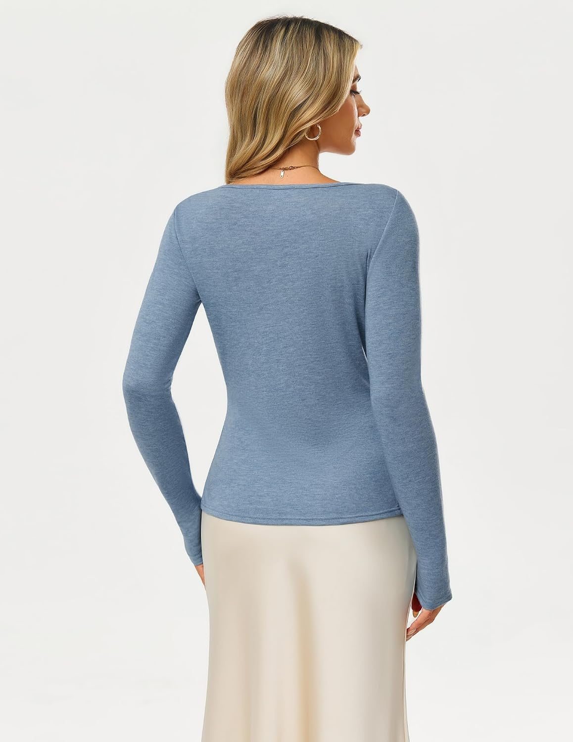 image:imageGRACE KARIN Merino Wool Long Sleeve Lightweight Shirt Women Crewneck Basic Fitted TeeThermal Breathable FabricCasual Base LayerSuitable for Workout Going Out Business WearGray Blue