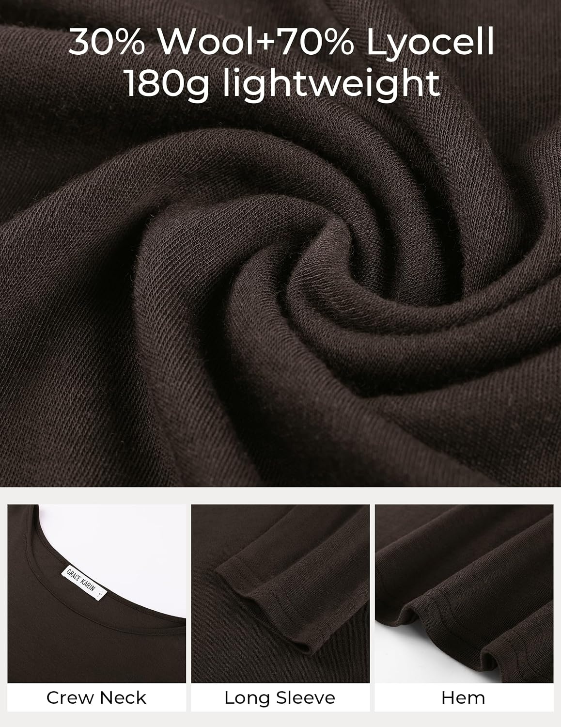 image:imageGRACE KARIN Merino Wool Long Sleeve Lightweight Shirt Women Crewneck Basic Fitted TeeThermal Breathable FabricCasual Base LayerSuitable for Workout Going Out Business WearCoffee