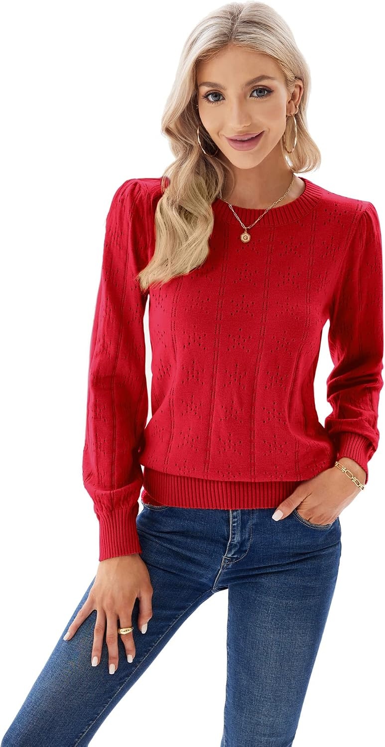 image:imageGRACE KARIN Puff Long Sleeve Crochet Fall Sweaters for Women Trendy 2026 Cute Dressy Casual Work TopKnit PulloverFashion ClothesLantern SleeveCrew NeckLightweightKnitHollow OutLayer ClothingCl0834 Red Long Sleeve