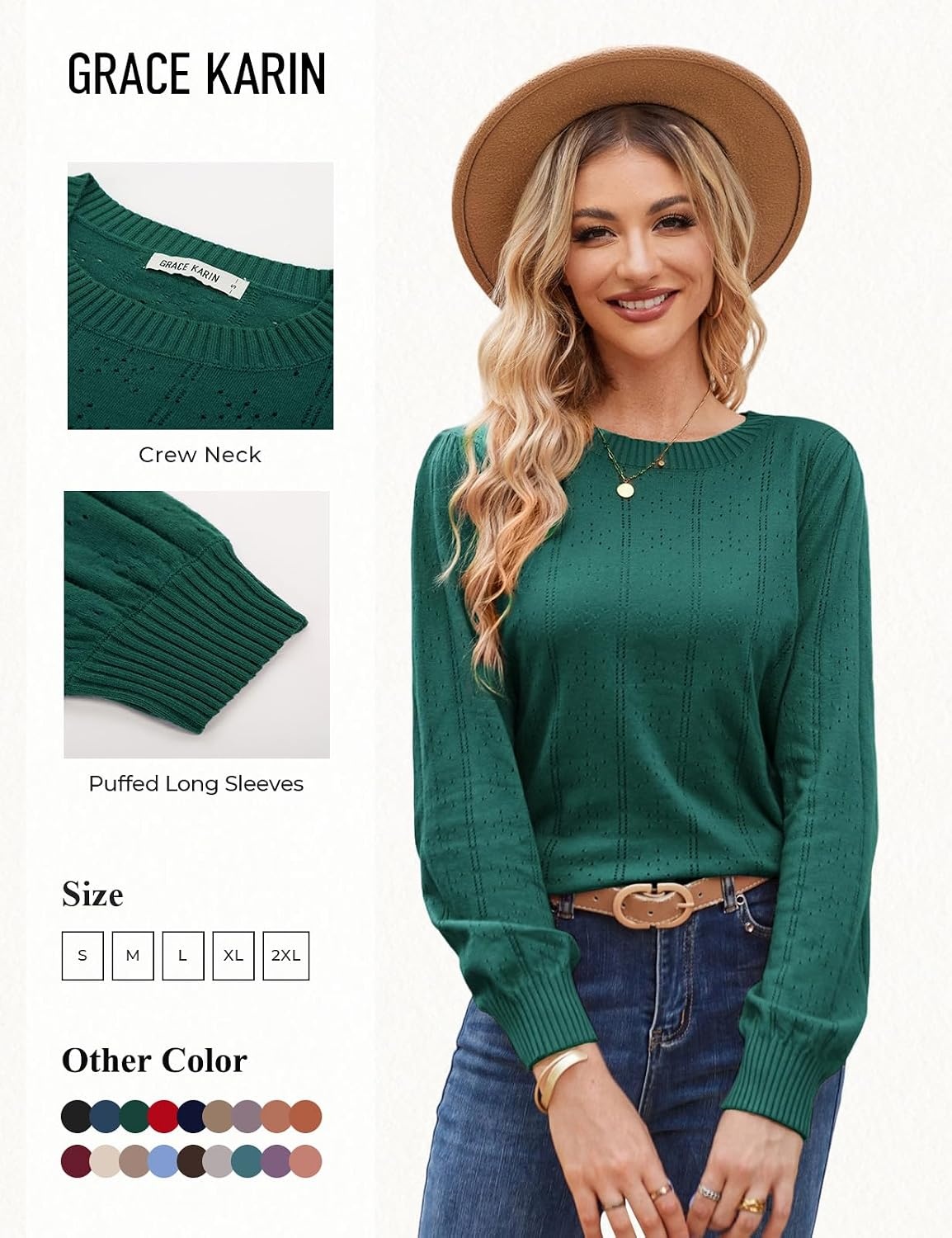 image:imageGRACE KARIN Puff Long Sleeve Crochet Fall Sweaters for Women Trendy 2026 Cute Dressy Casual Work TopKnit PulloverFashion ClothesLantern SleeveCrew NeckLightweightKnitHollow OutLayer ClothingCl0834 Green Long Sleeve