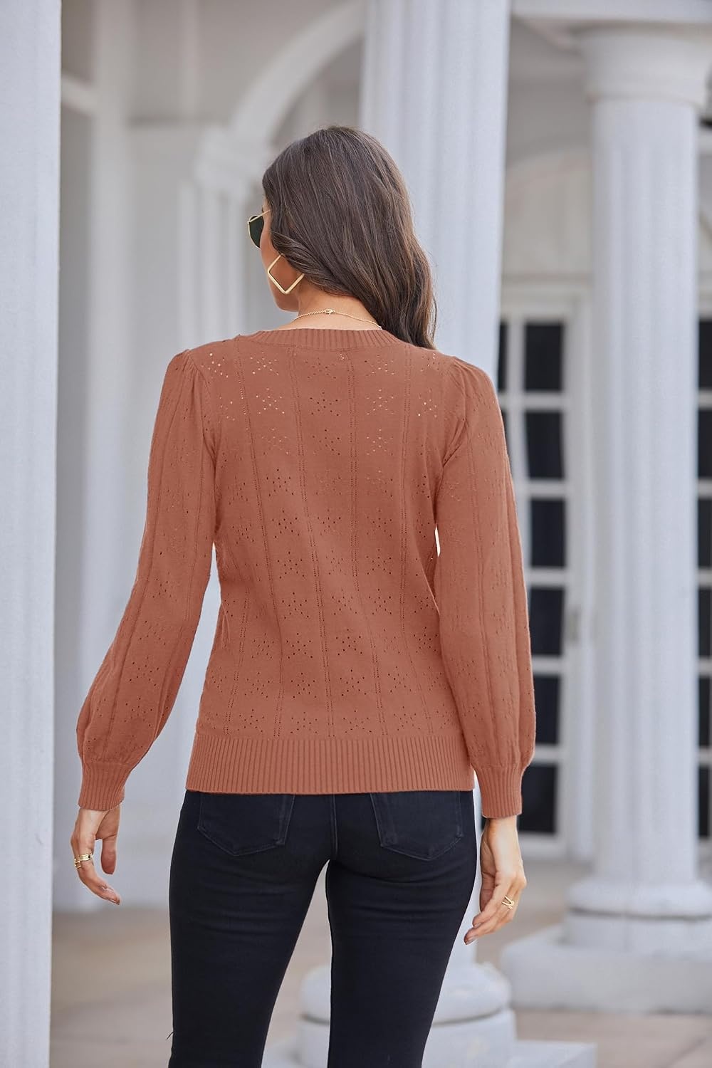 image:imageGRACE KARIN Puff Long Sleeve Crochet Fall Sweaters for Women Trendy 2026 Cute Dressy Casual Work TopKnit PulloverFashion ClothesLantern SleeveCrew NeckLightweightKnitHollow OutLayer ClothingCl0834 Red Brown Long Sleeve