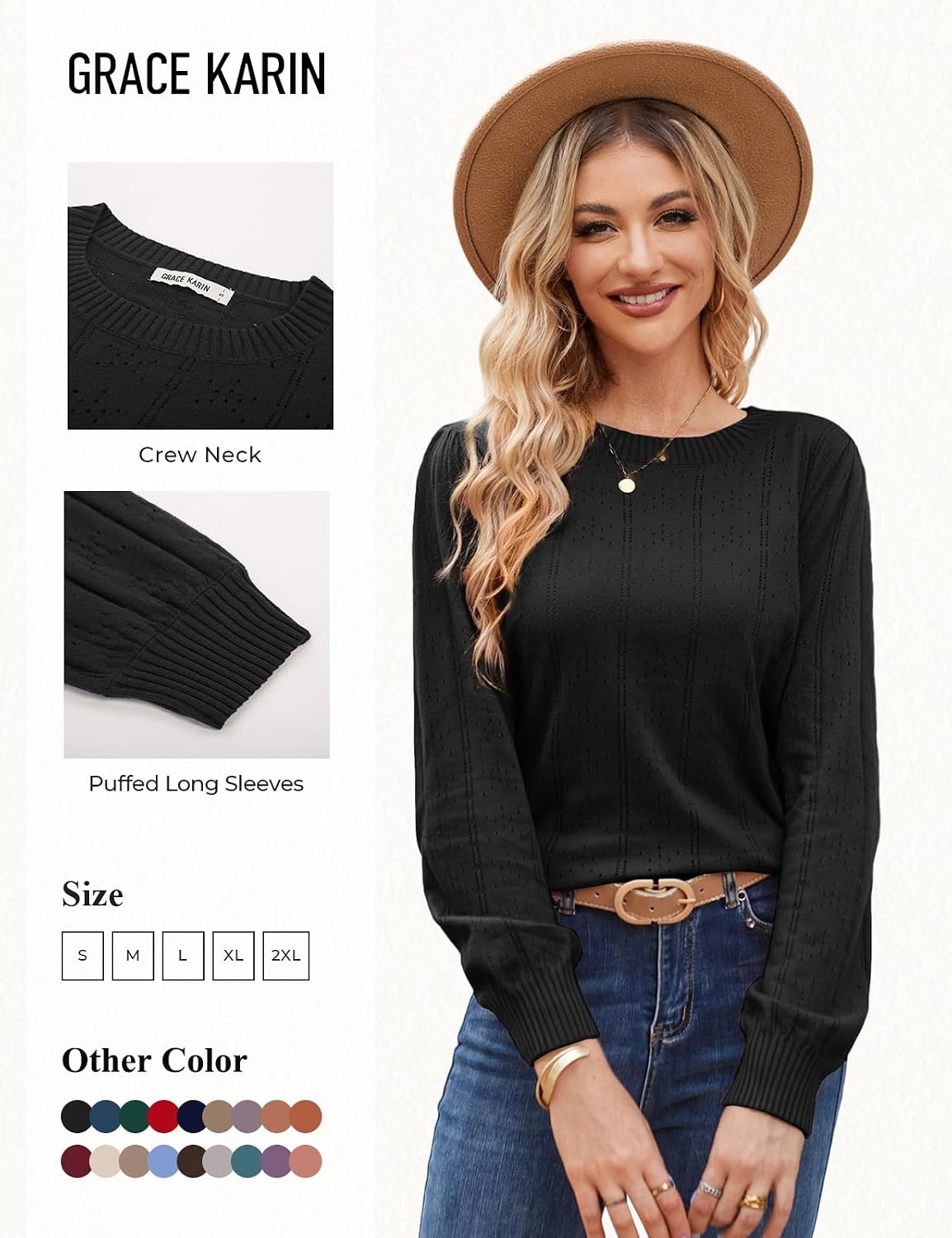 image:imageGRACE KARIN Puff Long Sleeve Crochet Fall Sweaters for Women Trendy 2026 Cute Dressy Casual Work TopKnit PulloverFashion ClothesLantern SleeveCrew NeckLightweightKnitHollow OutLayer ClothingCl0834 Black Long Sleeve