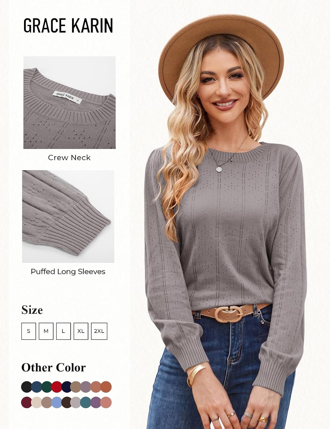 image:imageGRACE KARIN Puff Long Sleeve Crochet Fall Sweaters for Women Trendy 2026 Cute Dressy Casual Work TopKnit PulloverFashion ClothesLantern SleeveCrew NeckLightweightKnitHollow OutLayer ClothingLight Camel