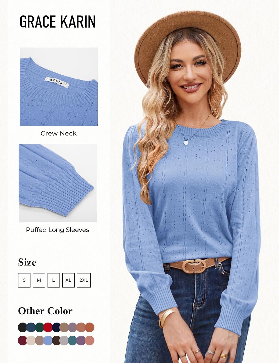 image:imageGRACE KARIN Puff Long Sleeve Crochet Fall Sweaters for Women Trendy 2026 Cute Dressy Casual Work TopKnit PulloverFashion ClothesLantern SleeveCrew NeckLightweightKnitHollow OutLayer ClothingDusty Blue