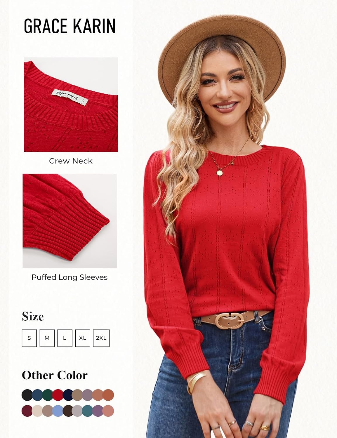 image:imageGRACE KARIN Puff Long Sleeve Crochet Fall Sweaters for Women Trendy 2026 Cute Dressy Casual Work TopKnit PulloverFashion ClothesLantern SleeveCrew NeckLightweightKnitHollow OutLayer ClothingCl0834 Red Long Sleeve