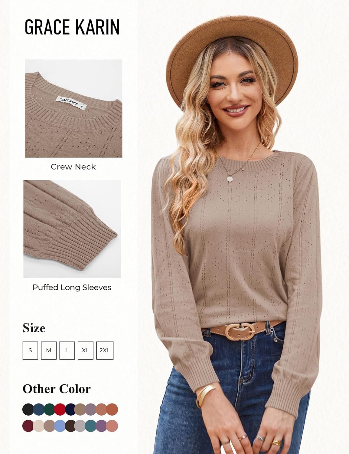 image:imageGRACE KARIN Puff Long Sleeve Crochet Fall Sweaters for Women Trendy 2026 Cute Dressy Casual Work TopKnit PulloverFashion ClothesLantern SleeveCrew NeckLightweightKnitHollow OutLayer ClothingLight Brown