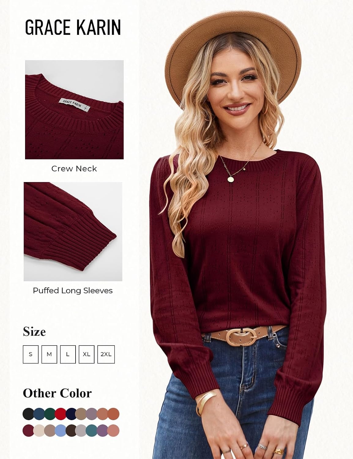 image:imageGRACE KARIN Puff Long Sleeve Crochet Fall Sweaters for Women Trendy 2026 Cute Dressy Casual Work TopKnit PulloverFashion ClothesLantern SleeveCrew NeckLightweightKnitHollow OutLayer ClothingDark Wine Red