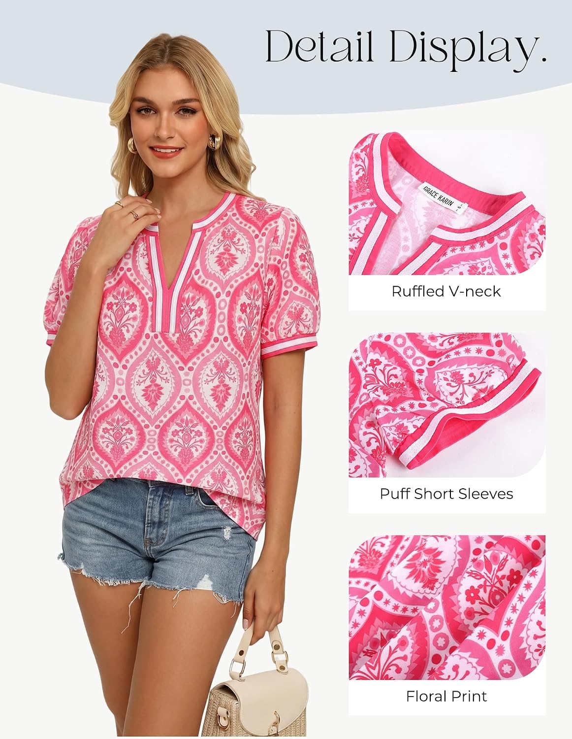 image:imageGRACE KARIN Women Boho Floral Tops 2026 Summer V Neck Puff Short Sleeve Dressy Casual ShirtsFolk Pink Flower