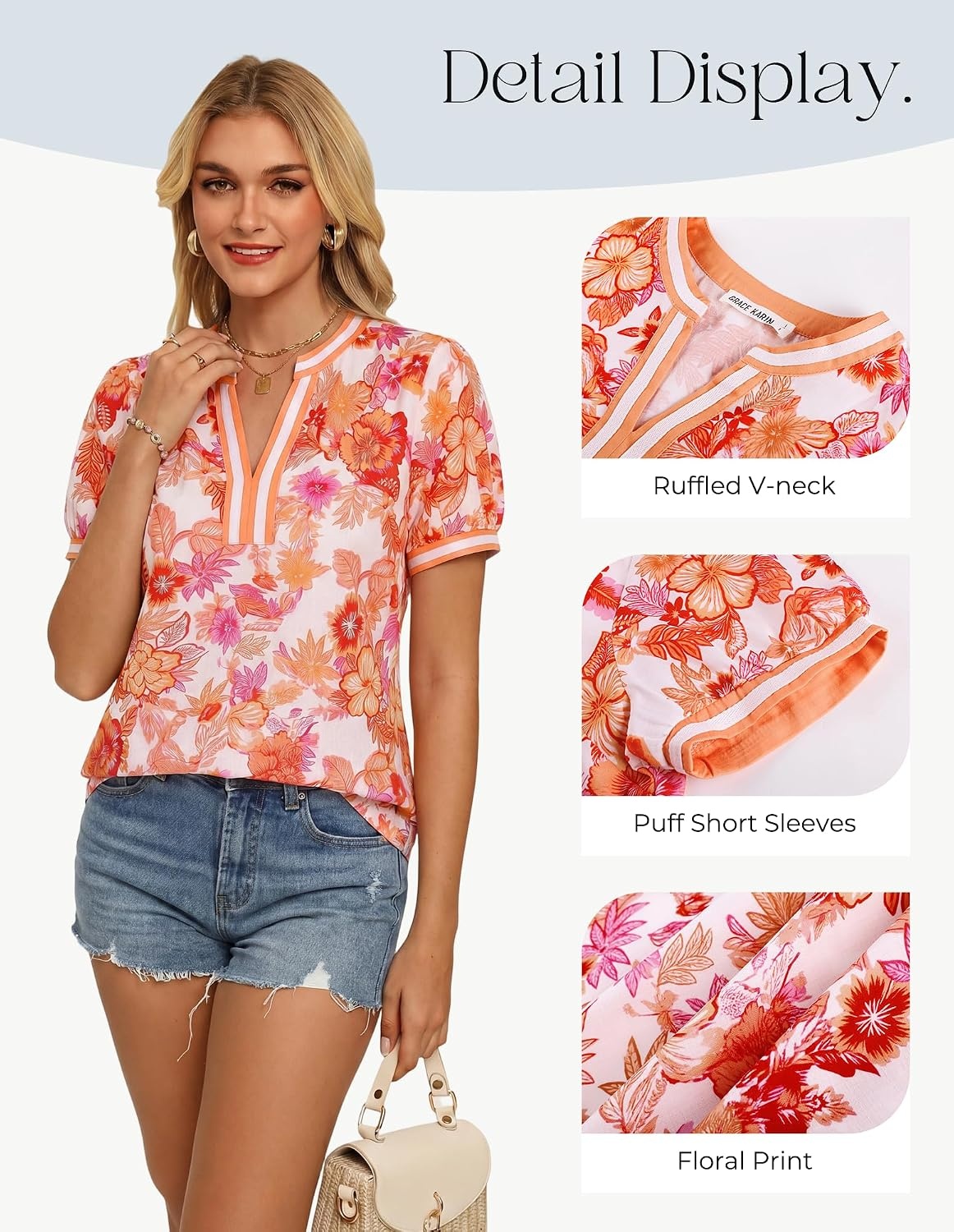 image:imageGRACE KARIN Women Boho Floral Tops 2026 Summer V Neck Puff Short Sleeve Dressy Casual ShirtsOrange Red Flower