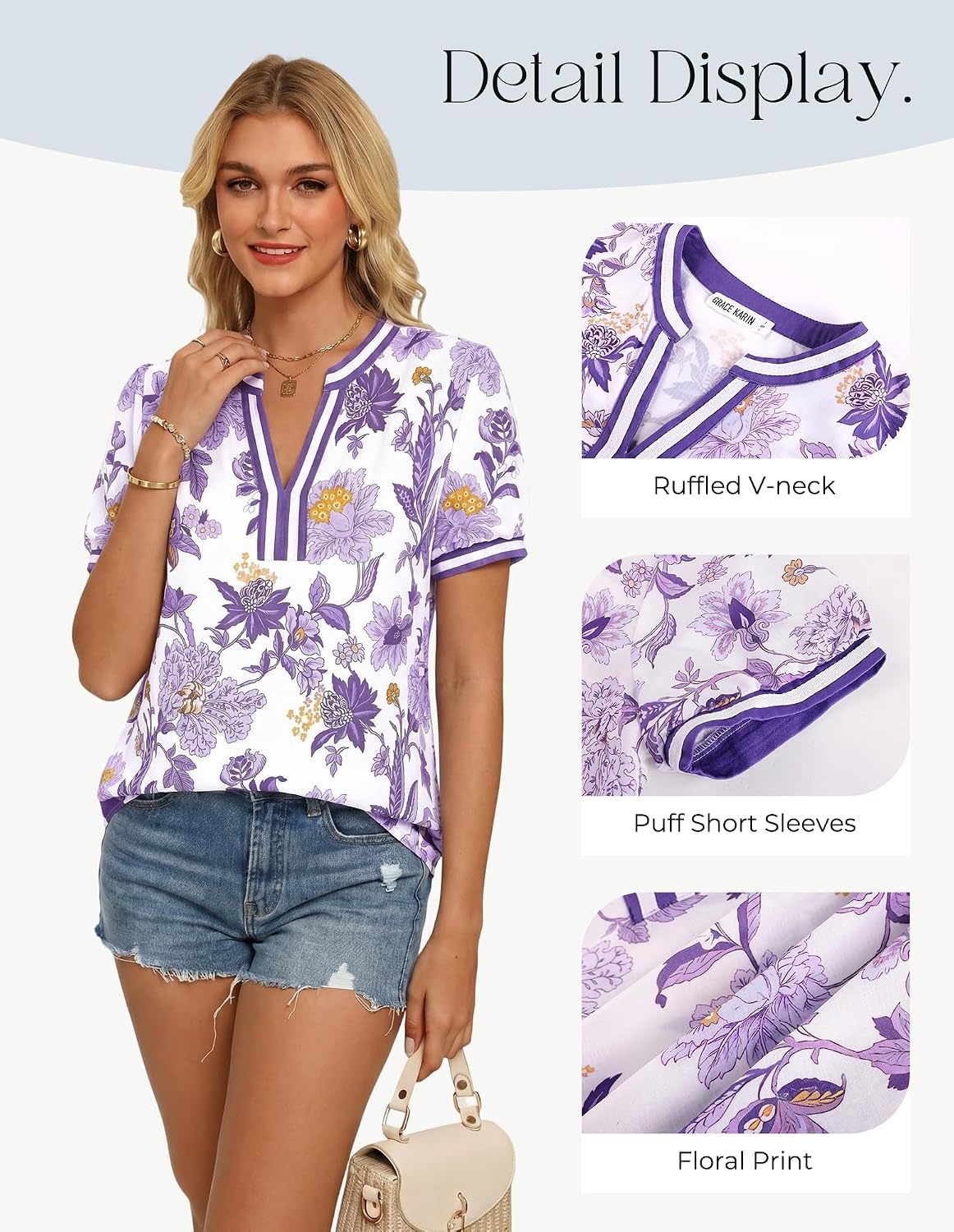 image:imageGRACE KARIN Women Boho Floral Tops 2026 Summer V Neck Puff Short Sleeve Dressy Casual ShirtsPurple Flower