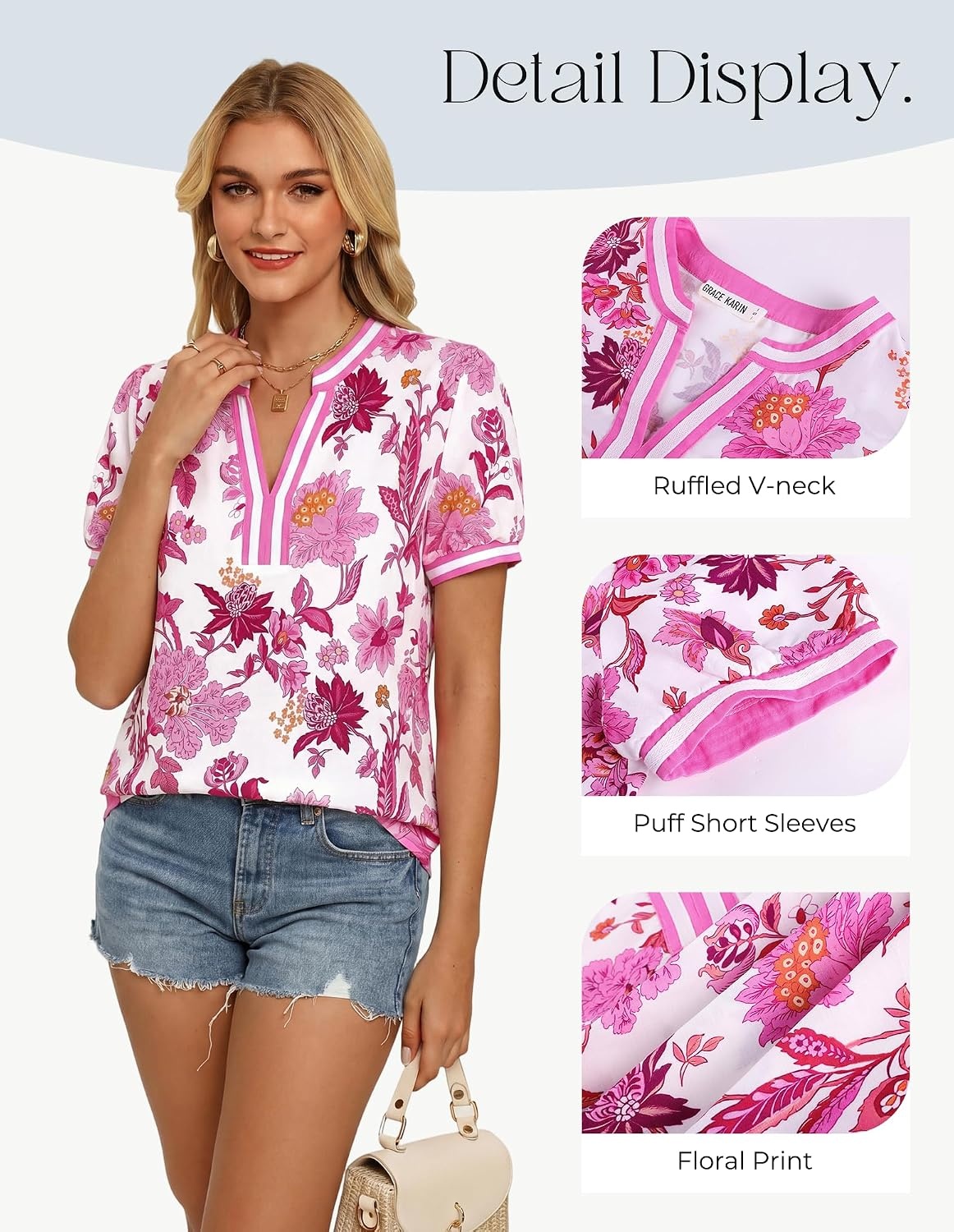 image:imageGRACE KARIN Women Boho Floral Tops 2026 Summer V Neck Puff Short Sleeve Dressy Casual ShirtsRosered Flower