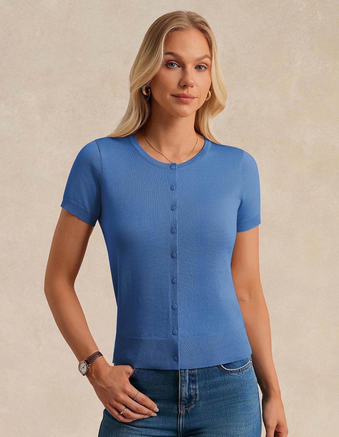 image:imageGRACE KARIN Women Short Sleeve Cardigan 2026 Button Down Knit Sweater Tops Basic Crew Neck Fall Fashion OutfitsBlue