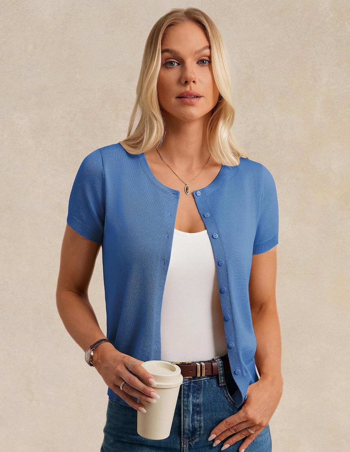 image:imageGRACE KARIN Women Short Sleeve Cardigan 2026 Button Down Knit Sweater Tops Basic Crew Neck Fall Fashion OutfitsBlue