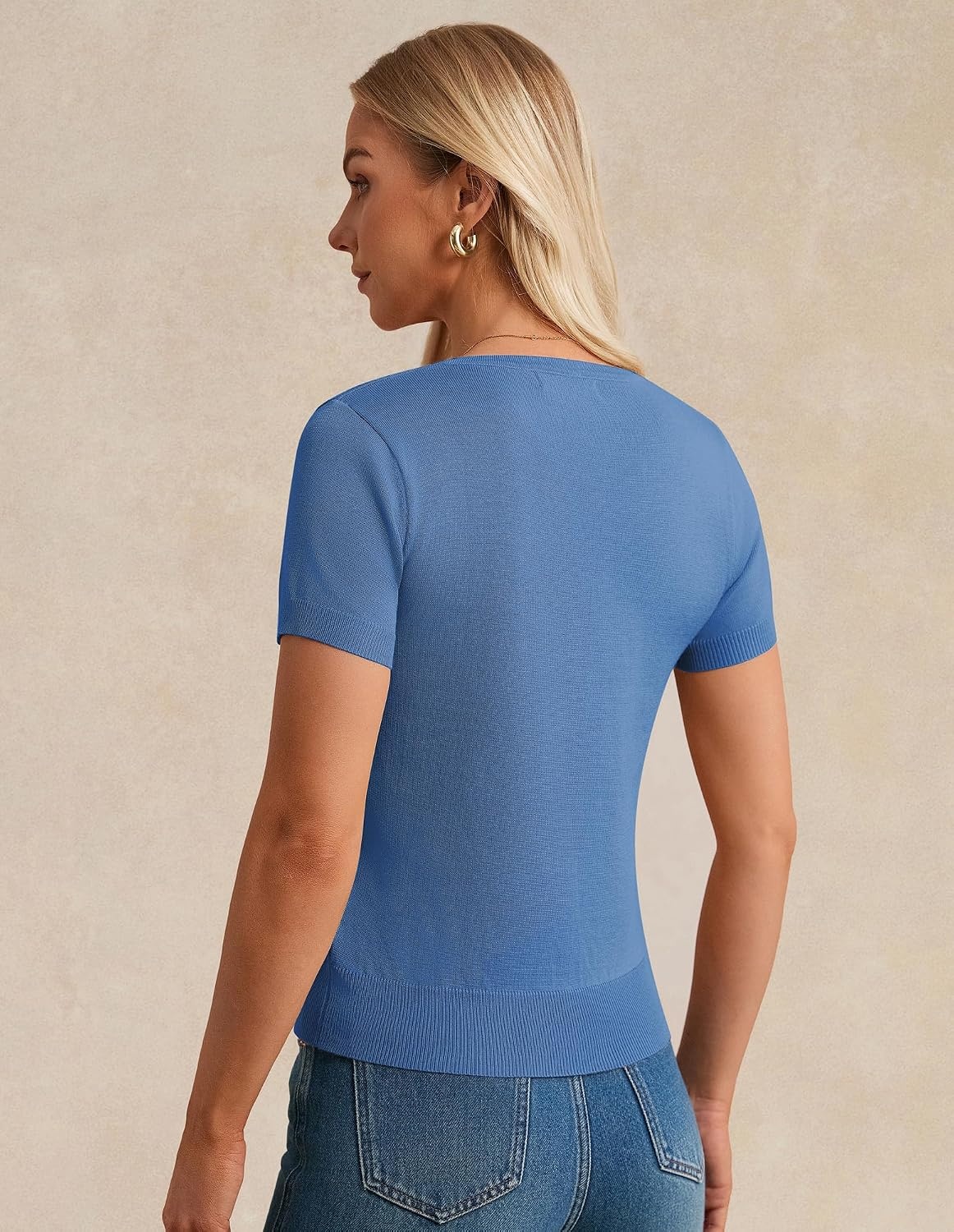 image:imageGRACE KARIN Women Short Sleeve Cardigan 2026 Button Down Knit Sweater Tops Basic Crew Neck Fall Fashion OutfitsBlue